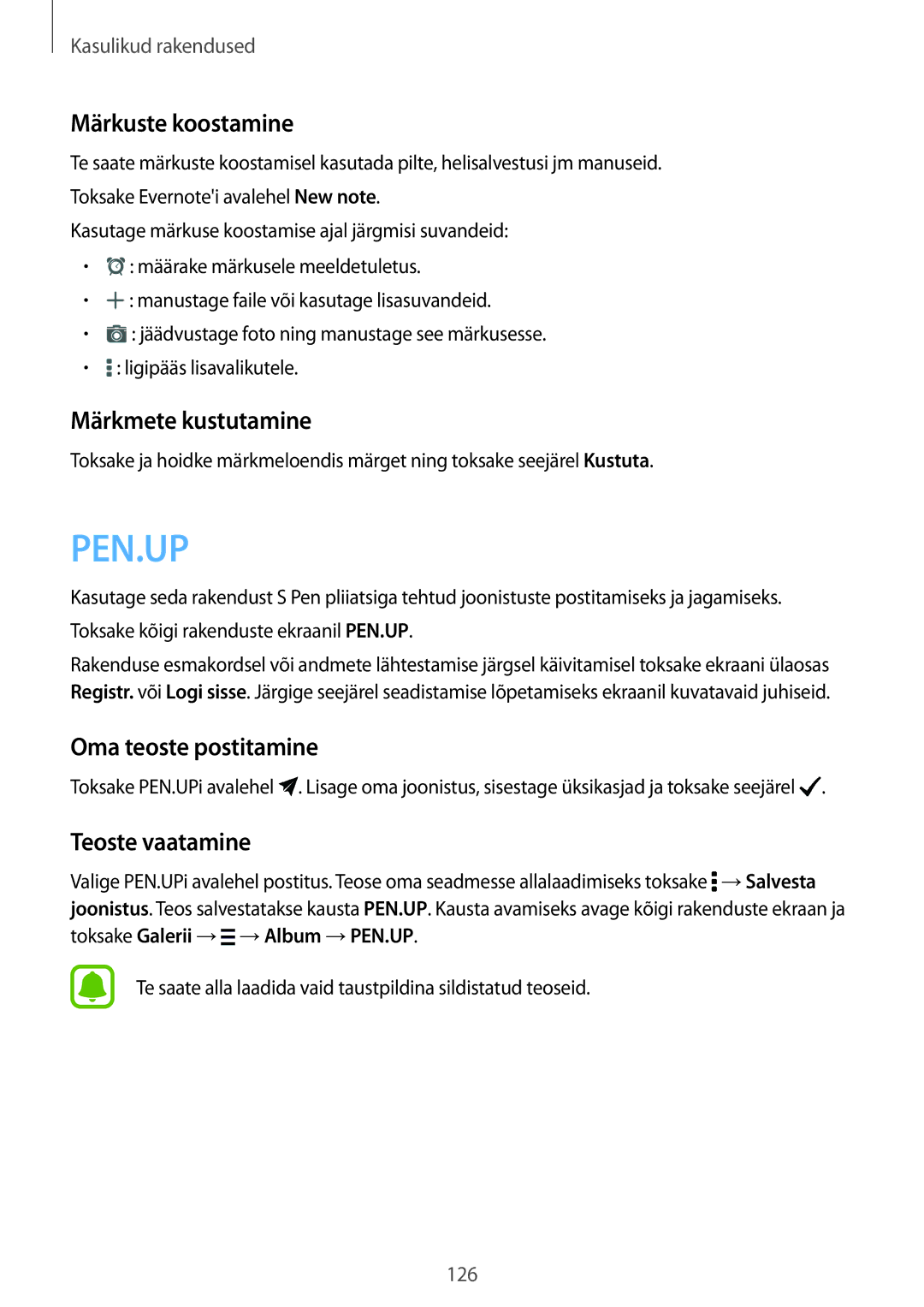 Samsung SM-N910FZWEBAL, SM-N910FZIEBAL Märkuste koostamine, Märkmete kustutamine, Oma teoste postitamine, Teoste vaatamine 