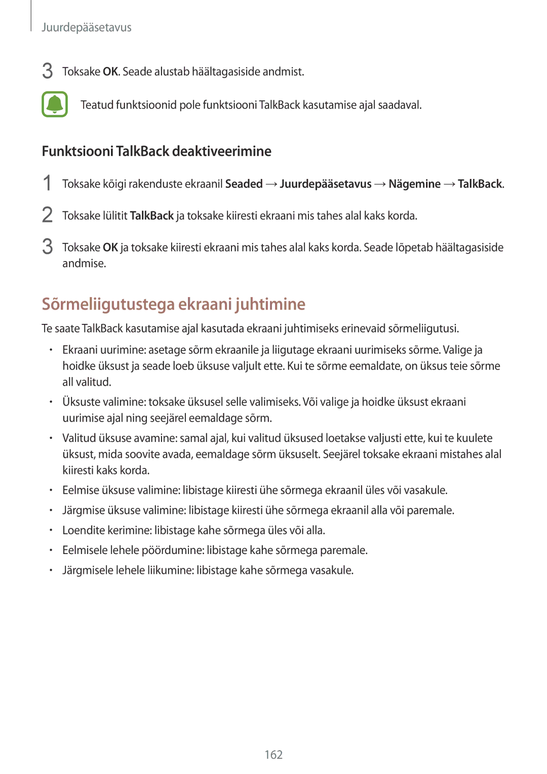 Samsung SM-N910FZIEBAL, SM-N910FZWEBAL manual Sõrmeliigutustega ekraani juhtimine, Funktsiooni TalkBack deaktiveerimine 