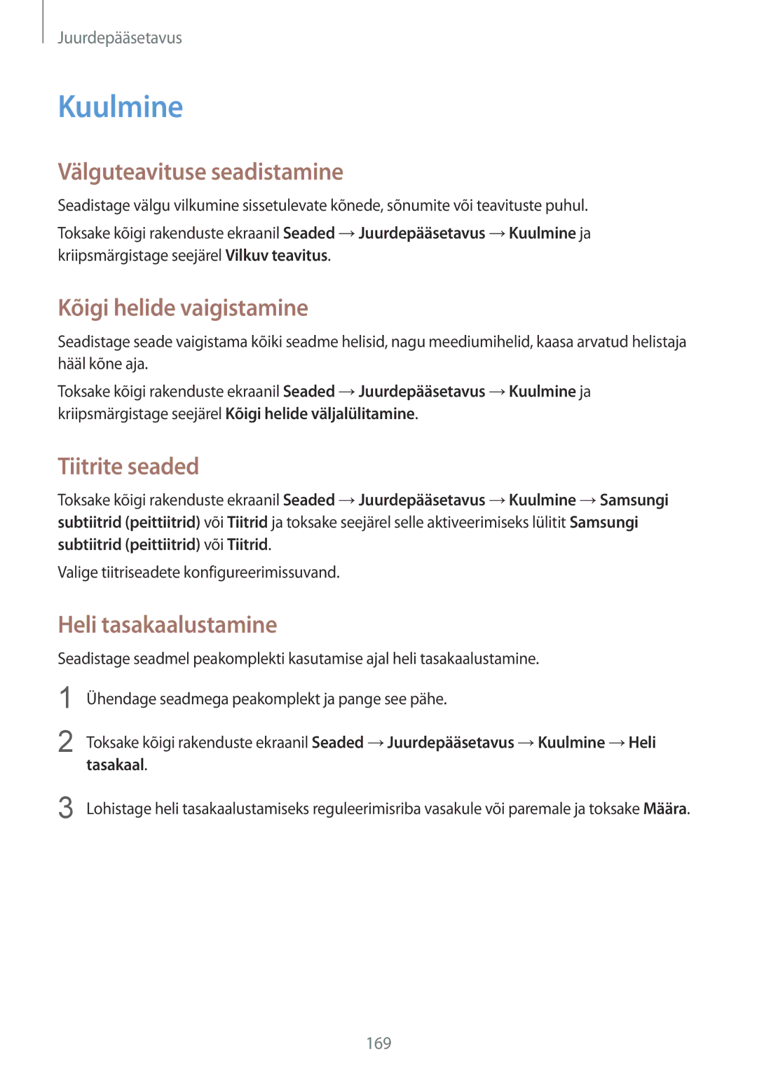 Samsung SM-N910FZIEBAL, SM-N910FZWEBAL Kuulmine, Välguteavituse seadistamine, Kõigi helide vaigistamine, Tiitrite seaded 