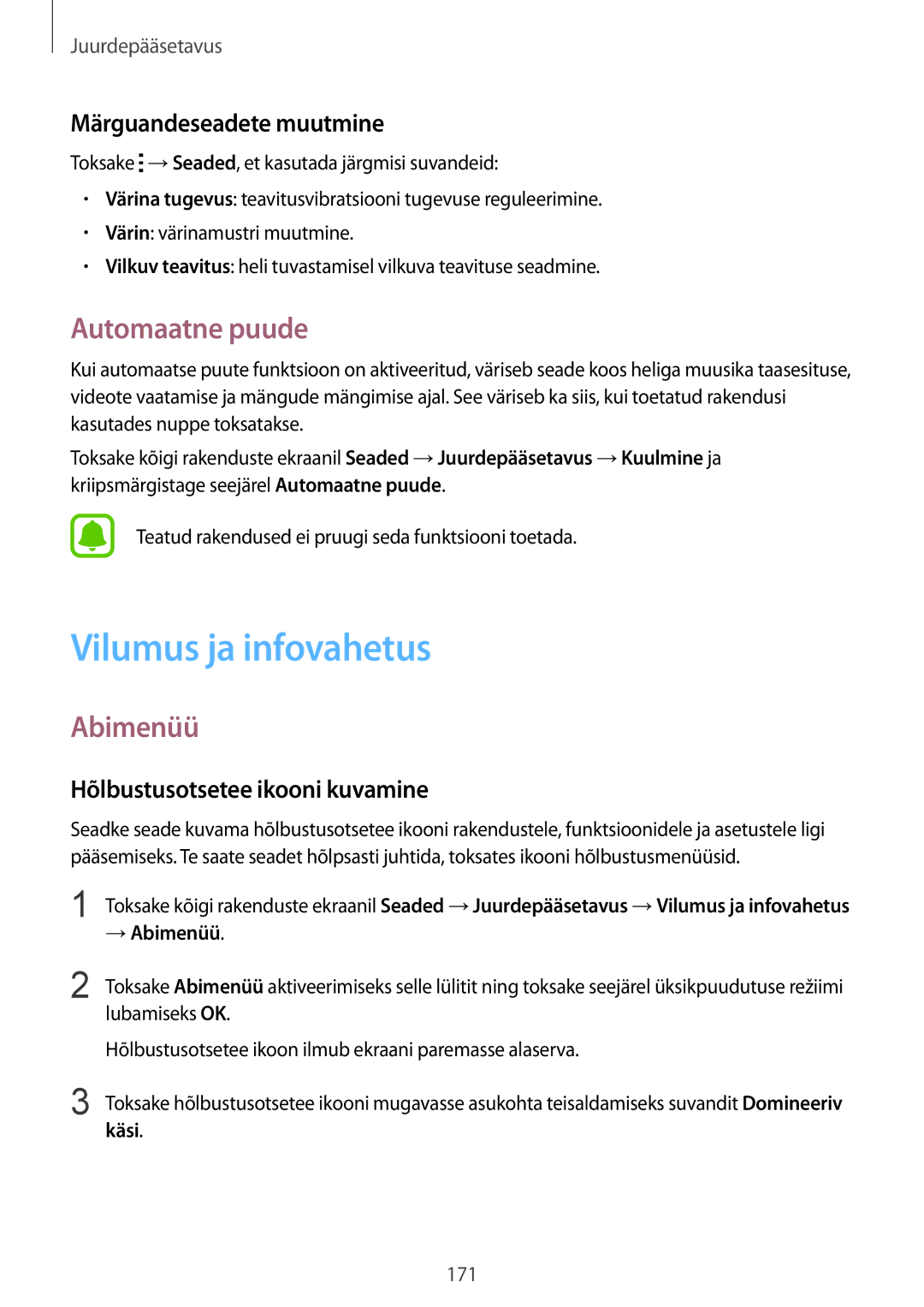 Samsung SM-N910FZKEBAL, SM-N910FZWEBAL manual Vilumus ja infovahetus, Automaatne puude, Abimenüü, Märguandeseadete muutmine 