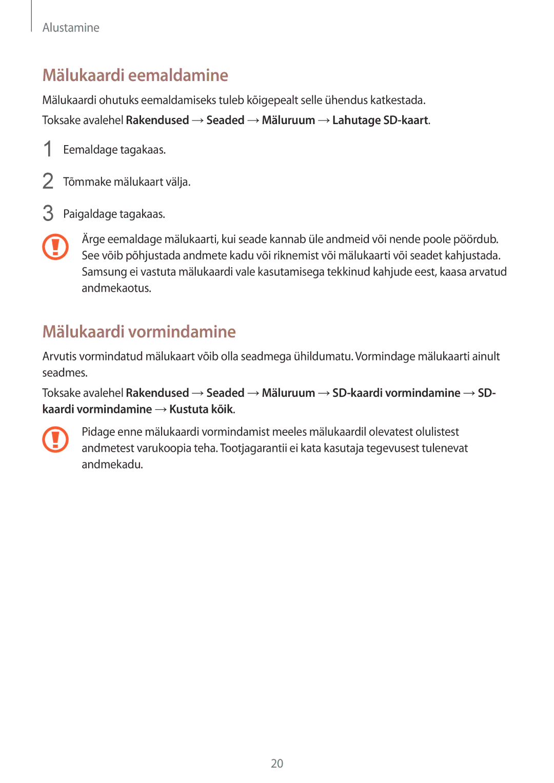 Samsung SM-N910CZWESEB, SM-N910FZWEBAL, SM-N910FZIEBAL, SM-N910FZDEBAL manual Mälukaardi eemaldamine, Mälukaardi vormindamine 