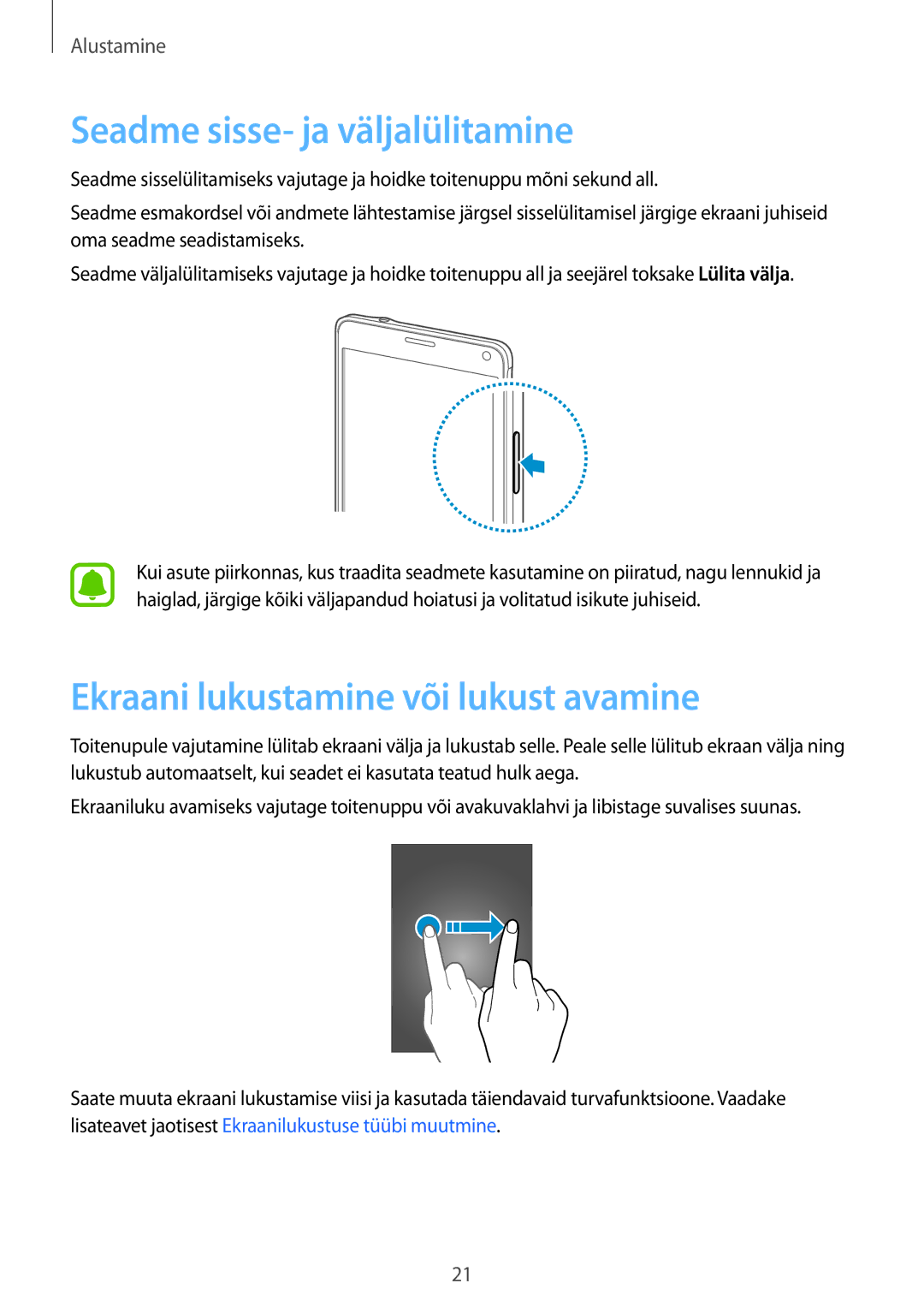 Samsung SM-N910FZWEBAL, SM-N910FZIEBAL manual Seadme sisse- ja väljalülitamine, Ekraani lukustamine või lukust avamine 