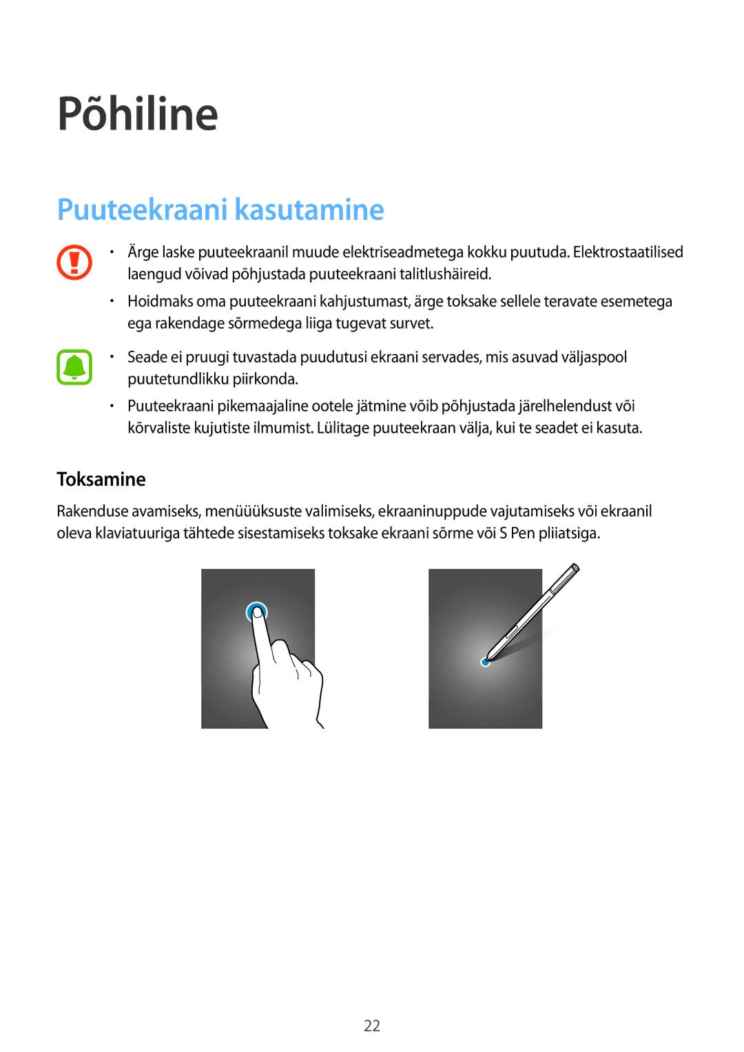 Samsung SM-N910FZIEBAL, SM-N910FZWEBAL, SM-N910FZDEBAL, SM-N910FZKEBAL manual Põhiline, Puuteekraani kasutamine, Toksamine 