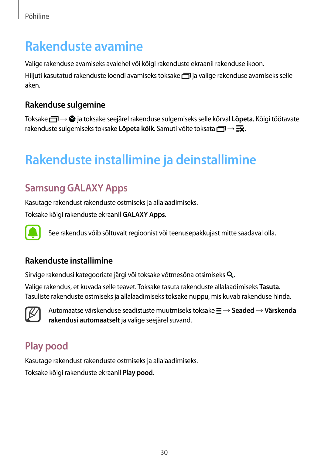 Samsung SM-N910FZDEBAL manual Rakenduste avamine, Rakenduste installimine ja deinstallimine, Samsung Galaxy Apps, Play pood 