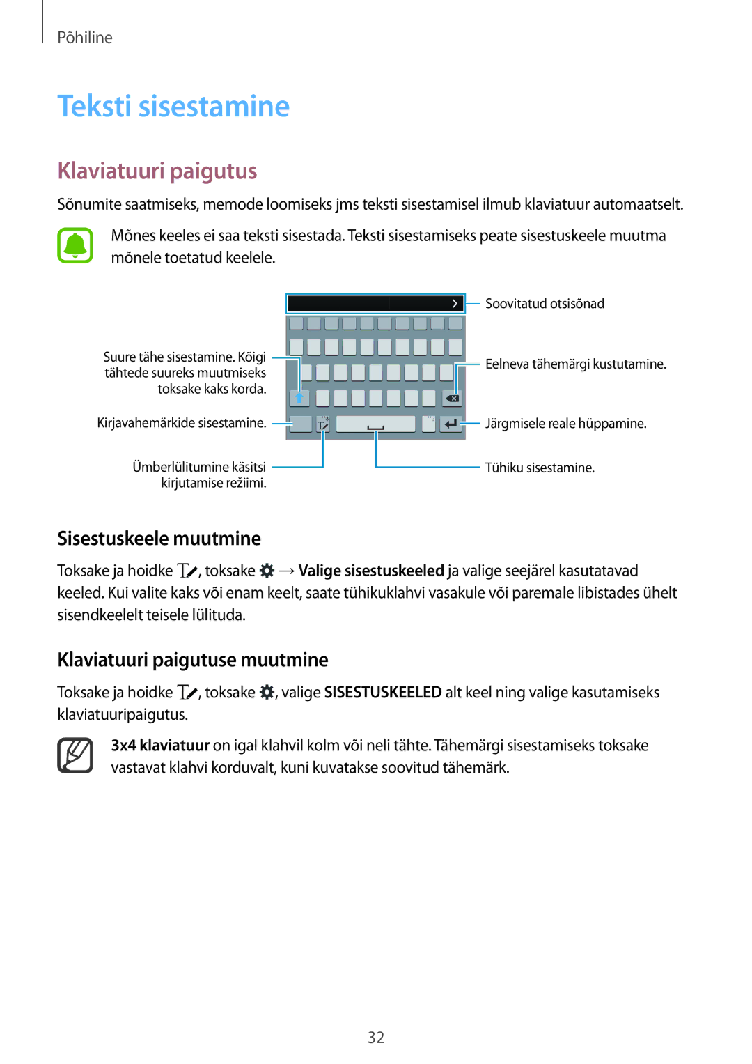 Samsung SM-N910CZKESEB, SM-N910FZWEBAL manual Teksti sisestamine, Sisestuskeele muutmine, Klaviatuuri paigutuse muutmine 