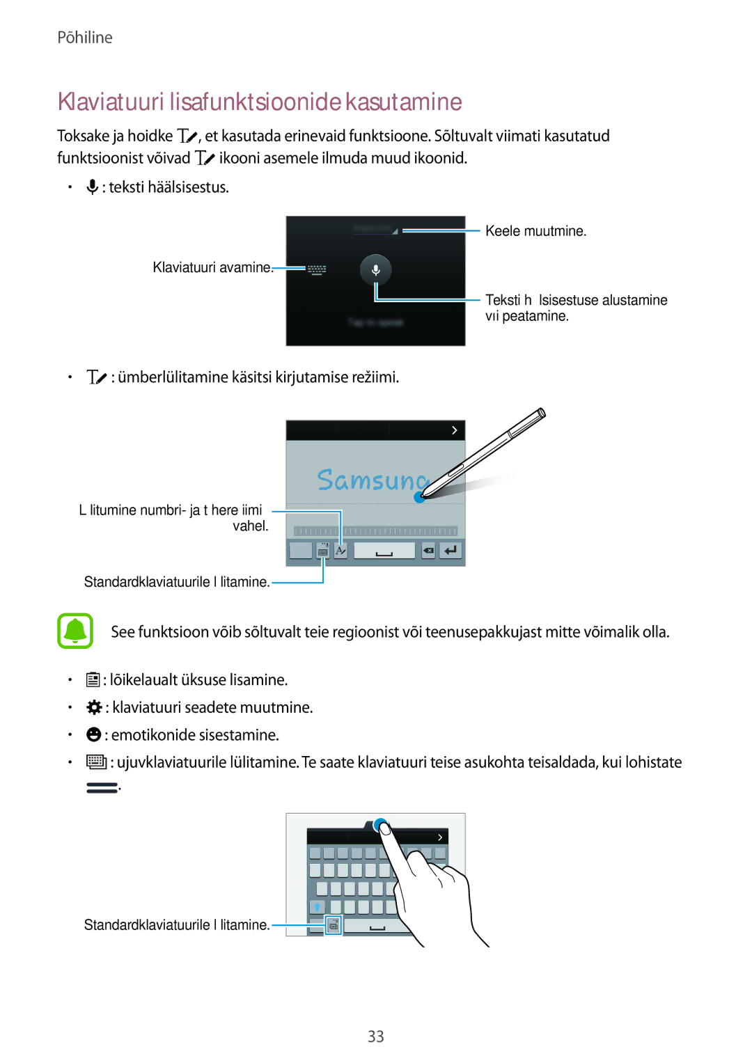 Samsung SM-N910CZDESEB manual Klaviatuuri lisafunktsioonide kasutamine, Ümberlülitamine käsitsi kirjutamise režiimi 