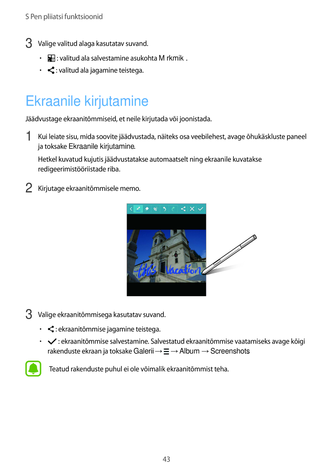 Samsung SM-N910FZIEBAL Ja toksake Ekraanile kirjutamine, Redigeerimistööriistade riba, Kirjutage ekraanitõmmisele memo 