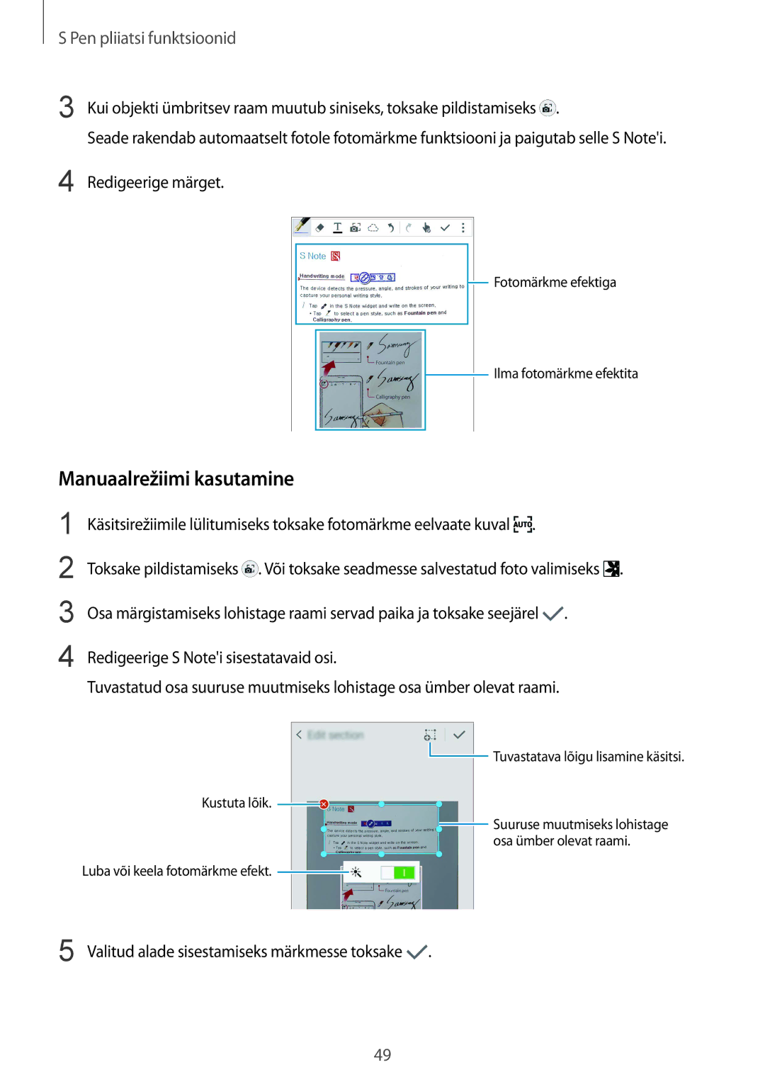 Samsung SM-N910FZWEBAL manual Manuaalrežiimi kasutamine, Redigeerige märget, Valitud alade sisestamiseks märkmesse toksake 