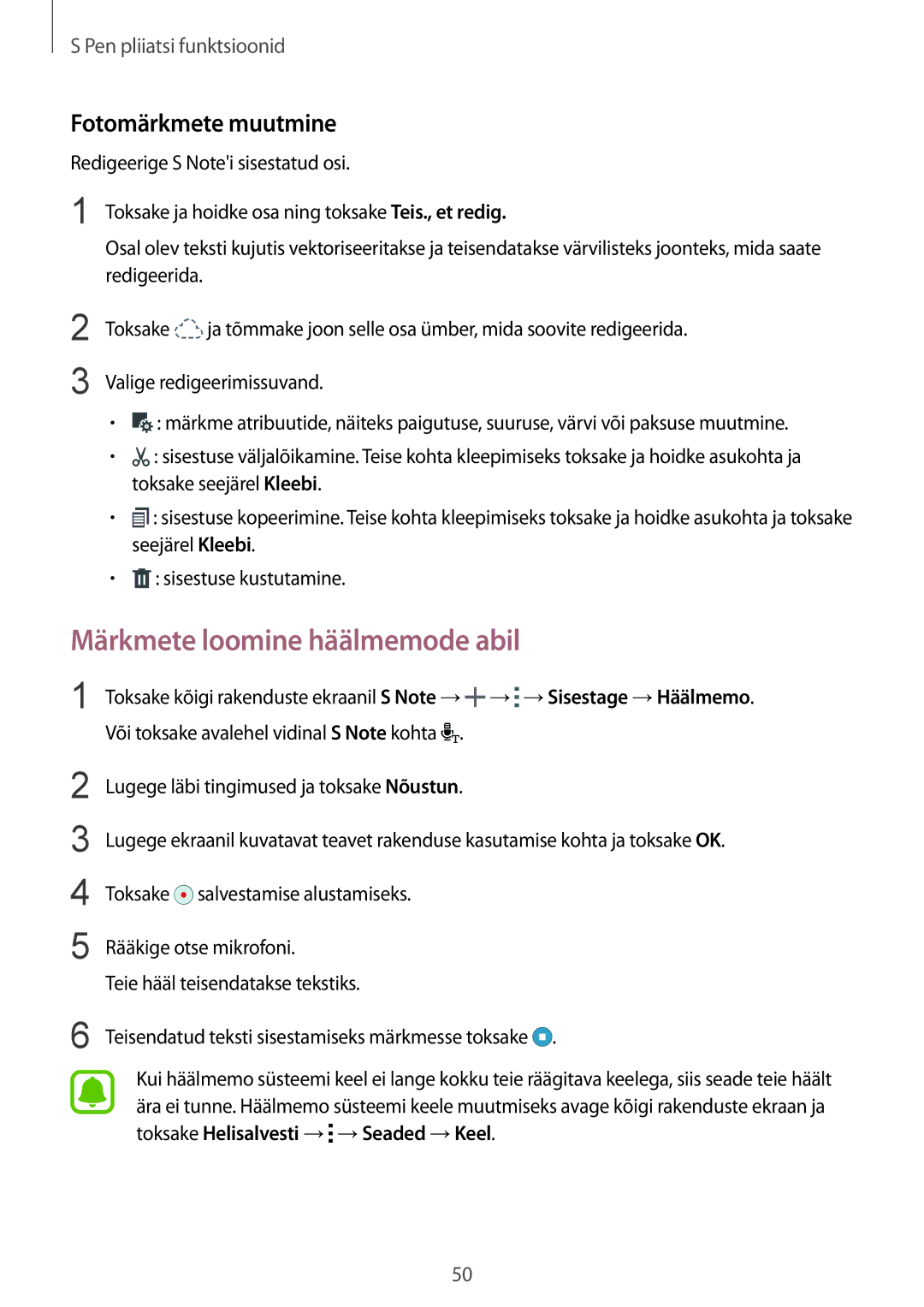 Samsung SM-N910FZIEBAL, SM-N910FZWEBAL, SM-N910FZDEBAL manual Märkmete loomine häälmemode abil, Fotomärkmete muutmine 