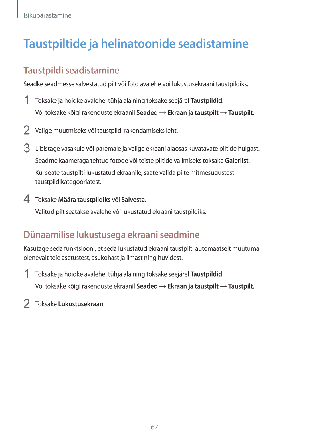 Samsung SM-N910CZKESEB manual Taustpiltide ja helinatoonide seadistamine, Taustpildi seadistamine, Toksake Lukustusekraan 