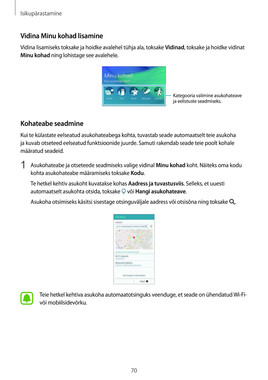 Samsung SM-N910FZWEBAL, SM-N910FZIEBAL, SM-N910FZDEBAL, SM-N910FZKEBAL manual Vidina Minu kohad lisamine, Kohateabe seadmine 