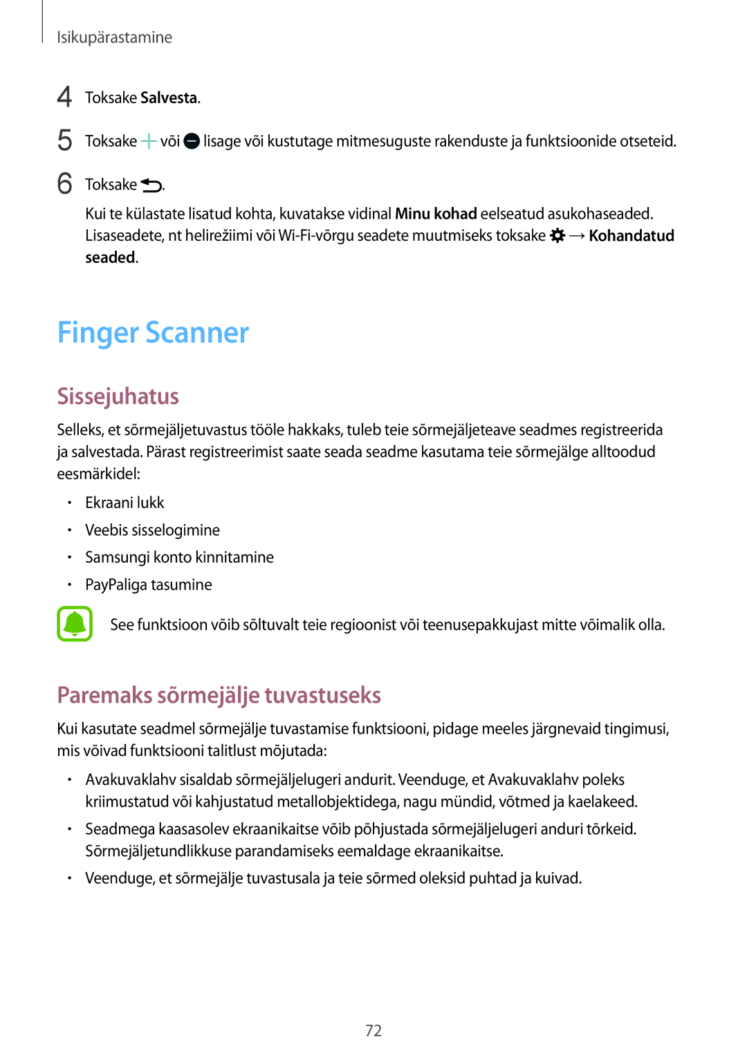 Samsung SM-N910FZDEBAL, SM-N910FZWEBAL manual Finger Scanner, Paremaks sõrmejälje tuvastuseks, Toksake Salvesta, Seaded 