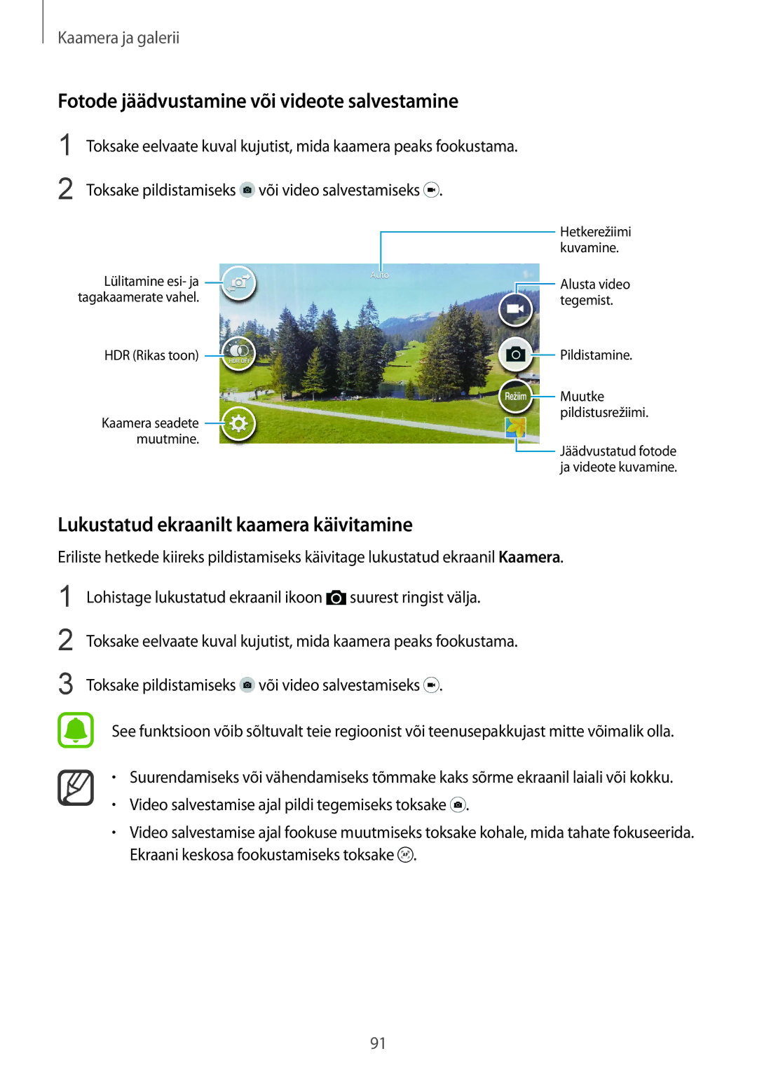 Samsung SM-N910FZWEBAL manual Fotode jäädvustamine või videote salvestamine, Lukustatud ekraanilt kaamera käivitamine 