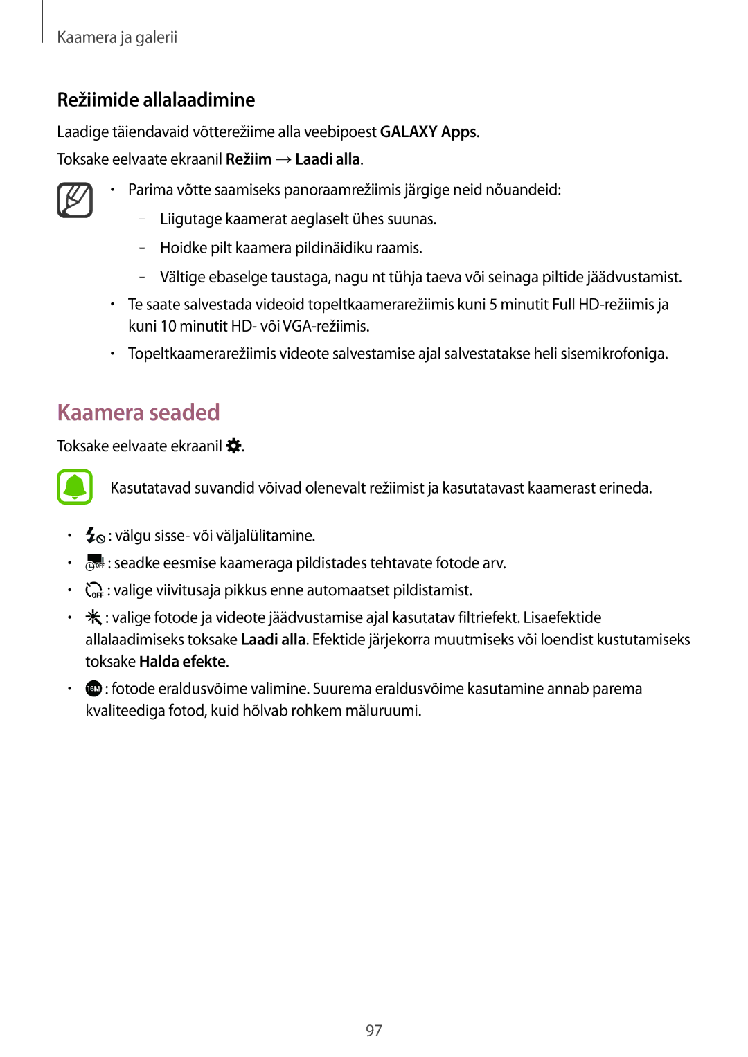 Samsung SM-N910CZWESEB, SM-N910FZWEBAL, SM-N910FZIEBAL, SM-N910FZDEBAL manual Kaamera seaded, Režiimide allalaadimine 