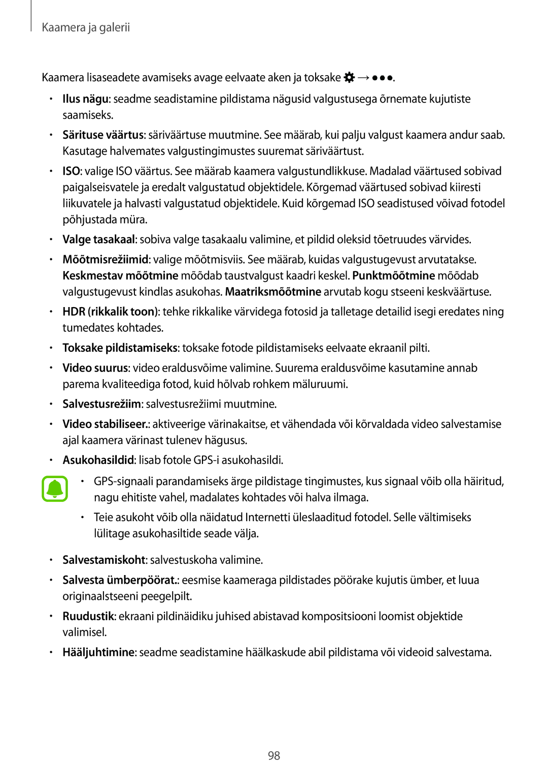 Samsung SM-N910FZWEBAL, SM-N910FZIEBAL, SM-N910FZDEBAL, SM-N910FZKEBAL, SM-N910CZKESEB, SM-N910CZDESEB manual Kaamera ja galerii 