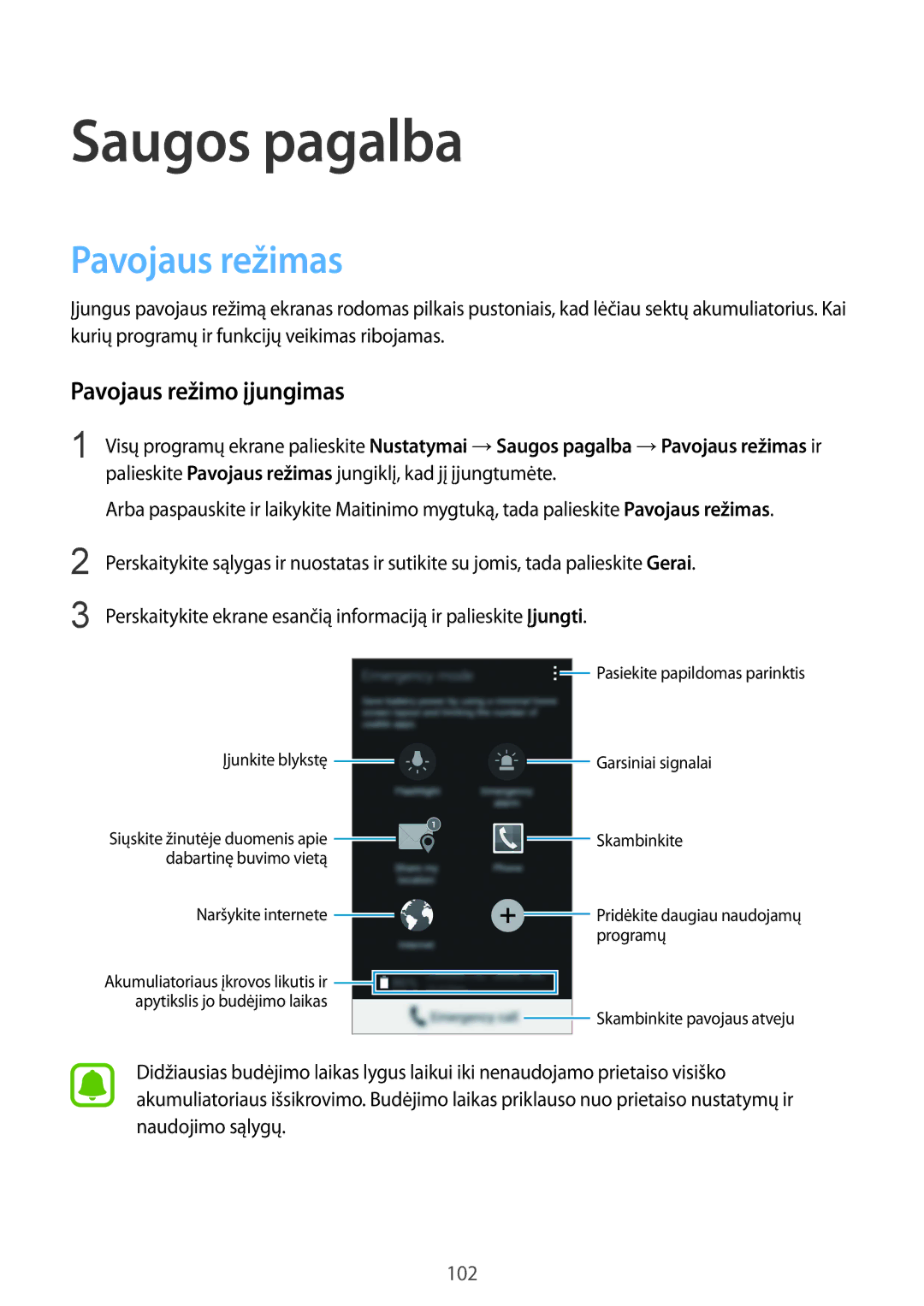 Samsung SM-N910CZKESEB, SM-N910FZWEBAL, SM-N910FZIEBAL manual Saugos pagalba, Pavojaus režimas, Pavojaus režimo įjungimas 