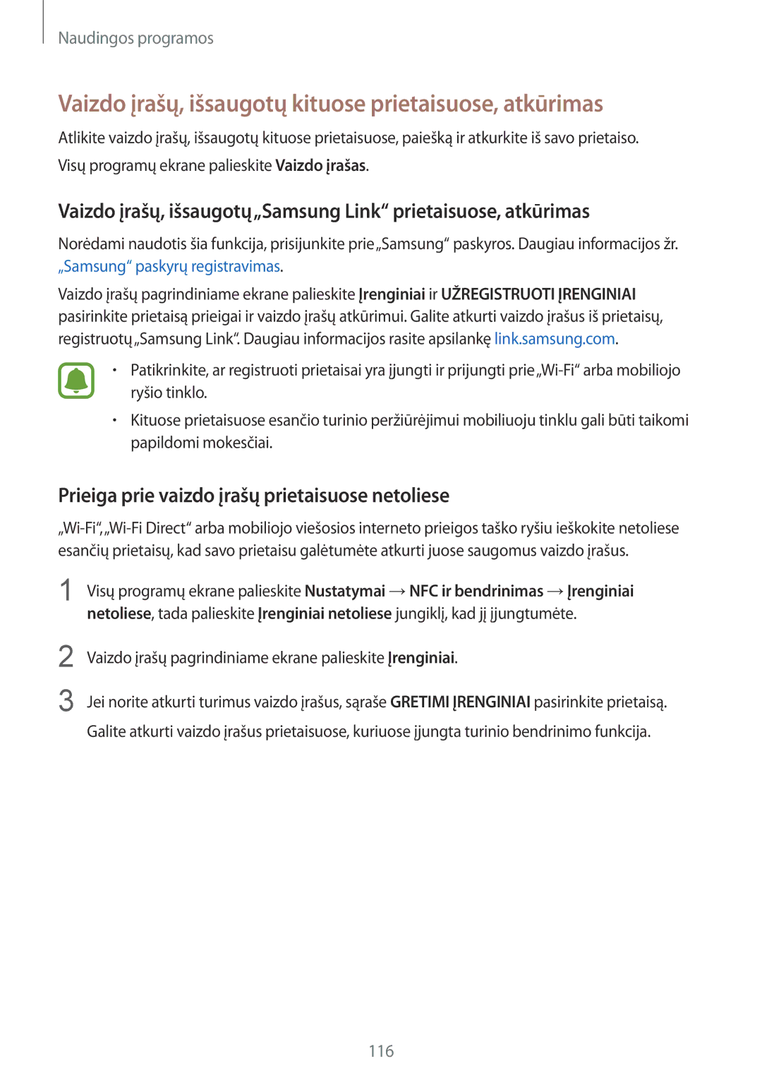 Samsung SM-N910CZKESEB, SM-N910FZWEBAL, SM-N910FZIEBAL manual Vaizdo įrašų, išsaugotų kituose prietaisuose, atkūrimas 