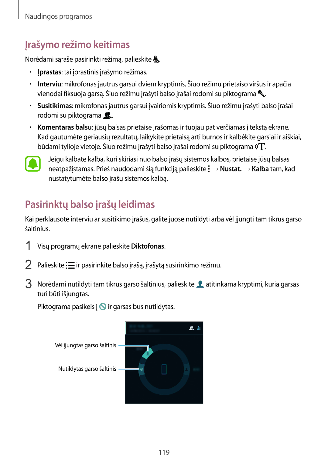 Samsung SM-N910FZWEBAL, SM-N910FZIEBAL, SM-N910FZDEBAL manual Įrašymo režimo keitimas, Pasirinktų balso įrašų leidimas 