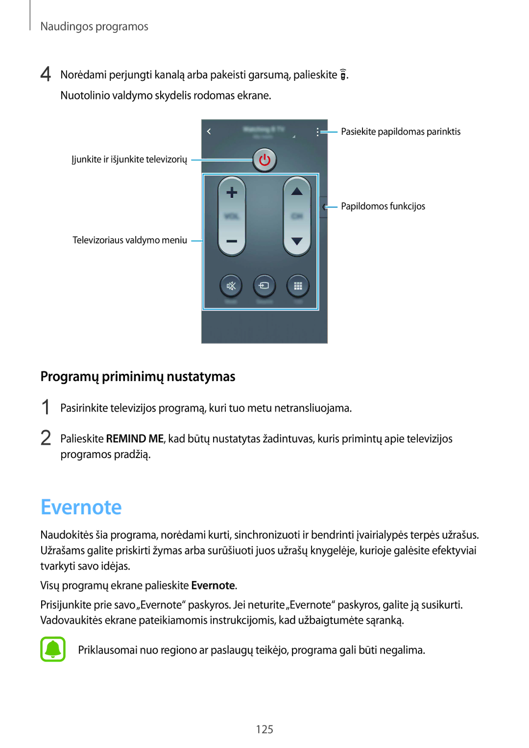 Samsung SM-N910CZWESEB, SM-N910FZWEBAL, SM-N910FZIEBAL, SM-N910FZDEBAL manual Evernote, Programų priminimų nustatymas 