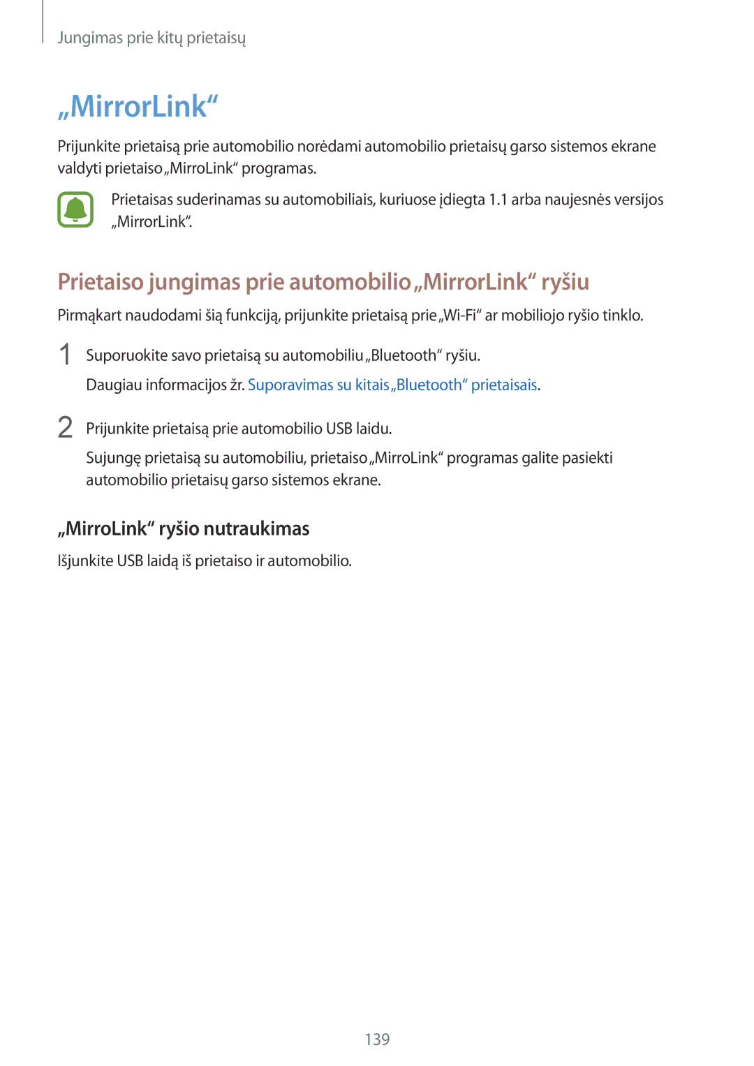 Samsung SM-N910CZWESEB manual Prietaiso jungimas prie automobilio„MirrorLink ryšiu, „MirroLink ryšio nutraukimas 