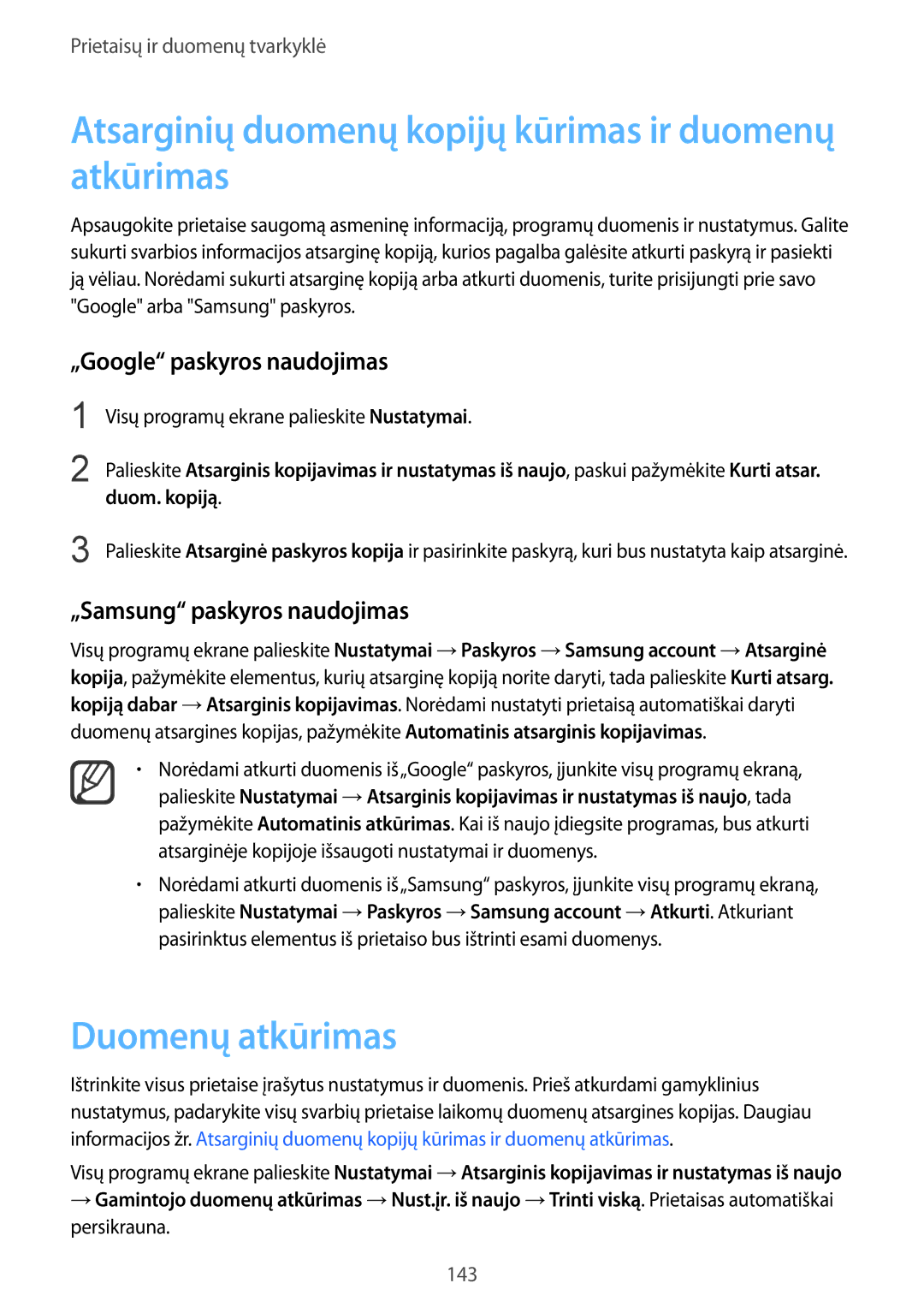 Samsung SM-N910FZKEBAL, SM-N910FZWEBAL manual Atsarginių duomenų kopijų kūrimas ir duomenų atkūrimas, Duomenų atkūrimas 