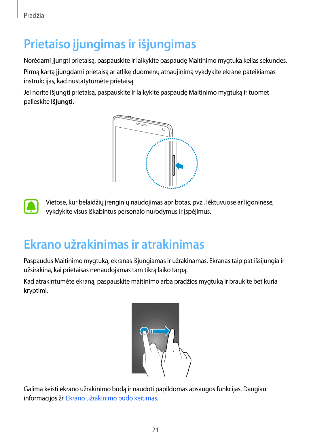 Samsung SM-N910FZWEBAL, SM-N910FZIEBAL, SM-N910FZDEBAL Prietaiso įjungimas ir išjungimas, Ekrano užrakinimas ir atrakinimas 