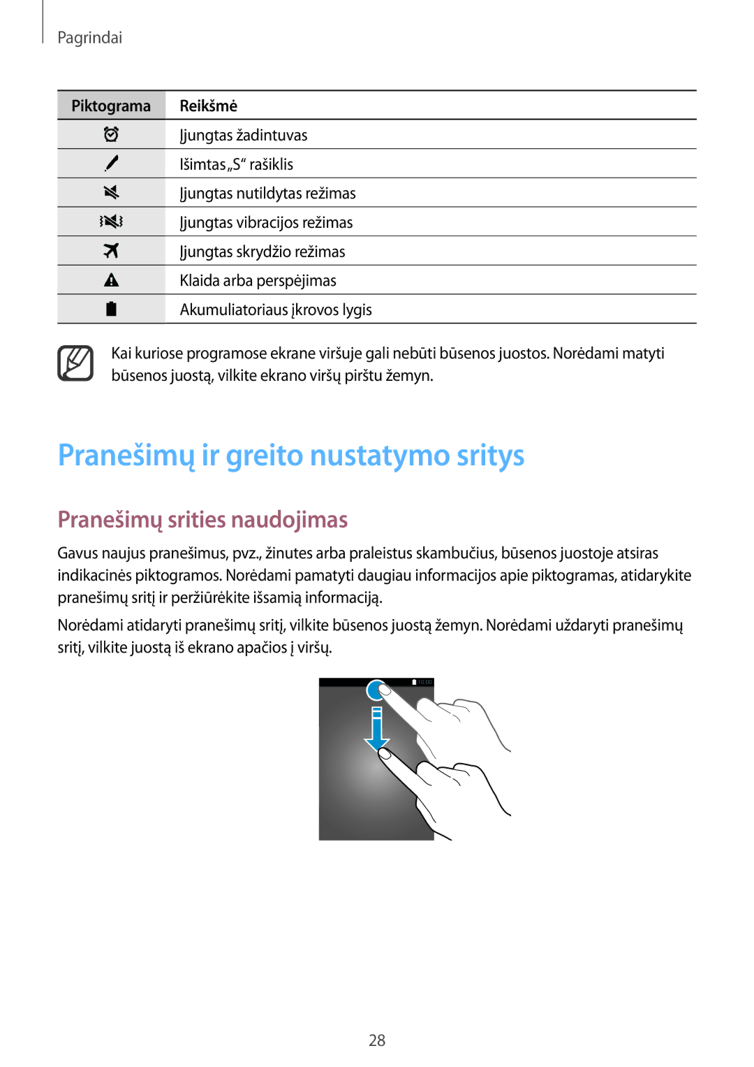 Samsung SM-N910FZWEBAL, SM-N910FZIEBAL, SM-N910FZDEBAL Pranešimų ir greito nustatymo sritys, Pranešimų srities naudojimas 