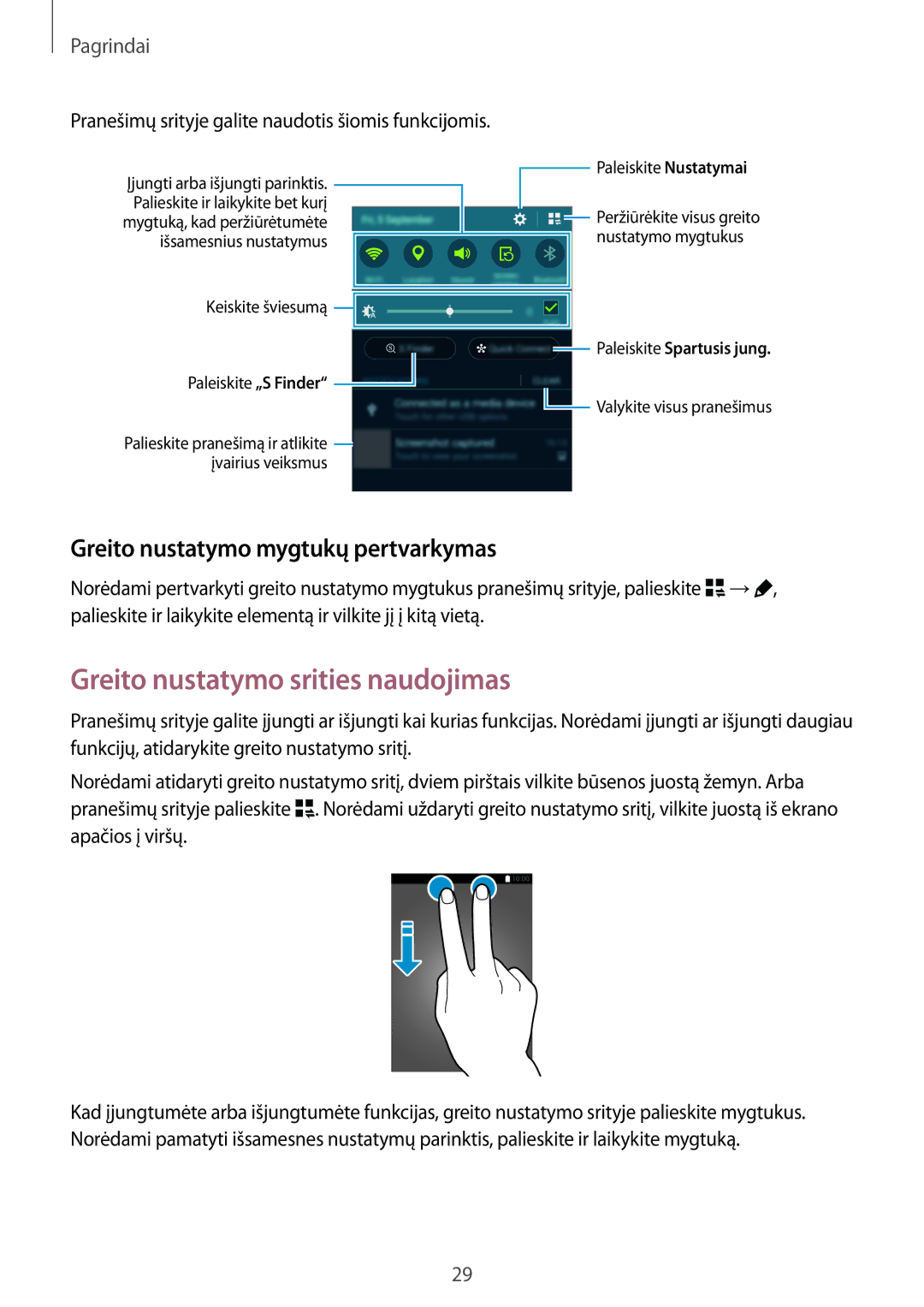 Samsung SM-N910FZIEBAL, SM-N910FZWEBAL manual Greito nustatymo srities naudojimas, Greito nustatymo mygtukų pertvarkymas 