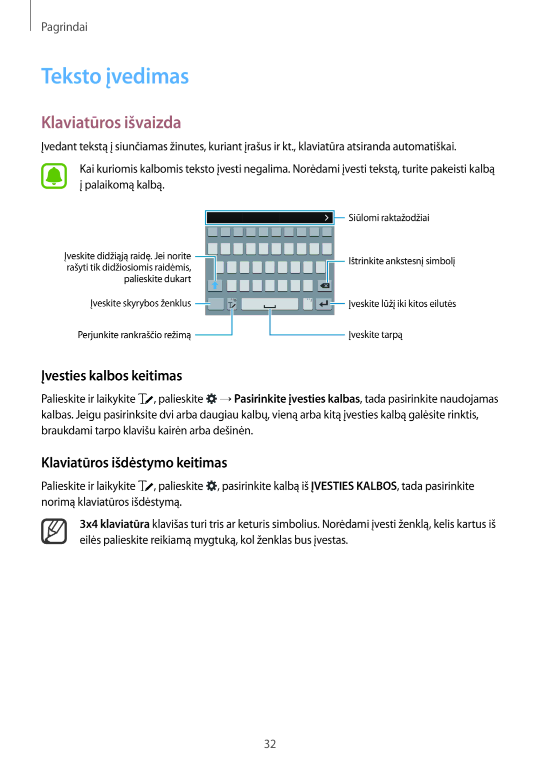 Samsung SM-N910CZKESEB Teksto įvedimas, Klaviatūros išvaizda, Įvesties kalbos keitimas, Klaviatūros išdėstymo keitimas 