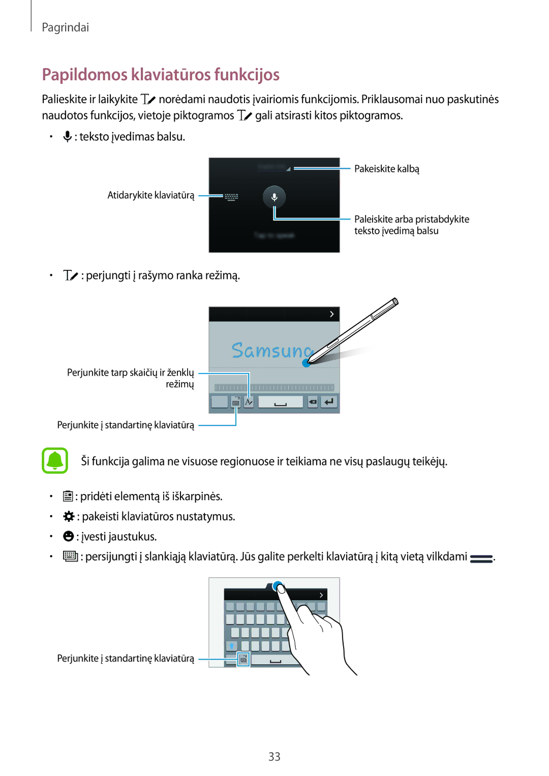 Samsung SM-N910CZDESEB manual Papildomos klaviatūros funkcijos, Teksto įvedimas balsu, Perjungti į rašymo ranka režimą 