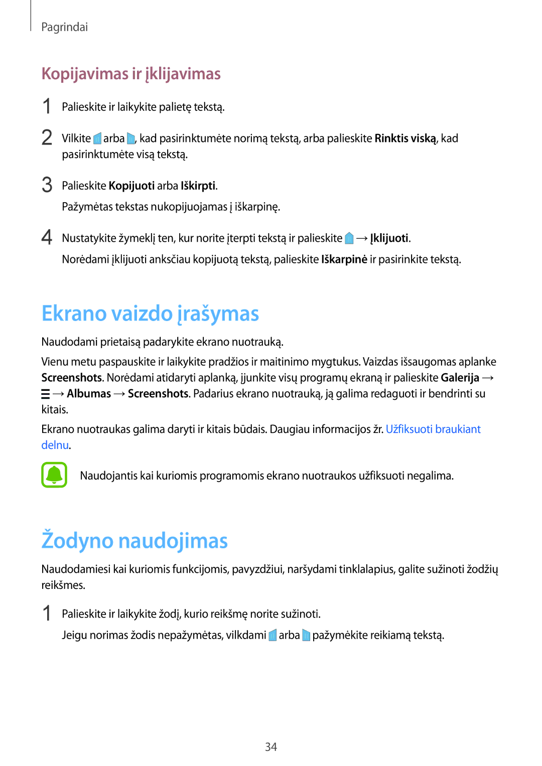 Samsung SM-N910CZWESEB, SM-N910FZWEBAL manual Ekrano vaizdo įrašymas, Žodyno naudojimas, Kopijavimas ir įklijavimas 