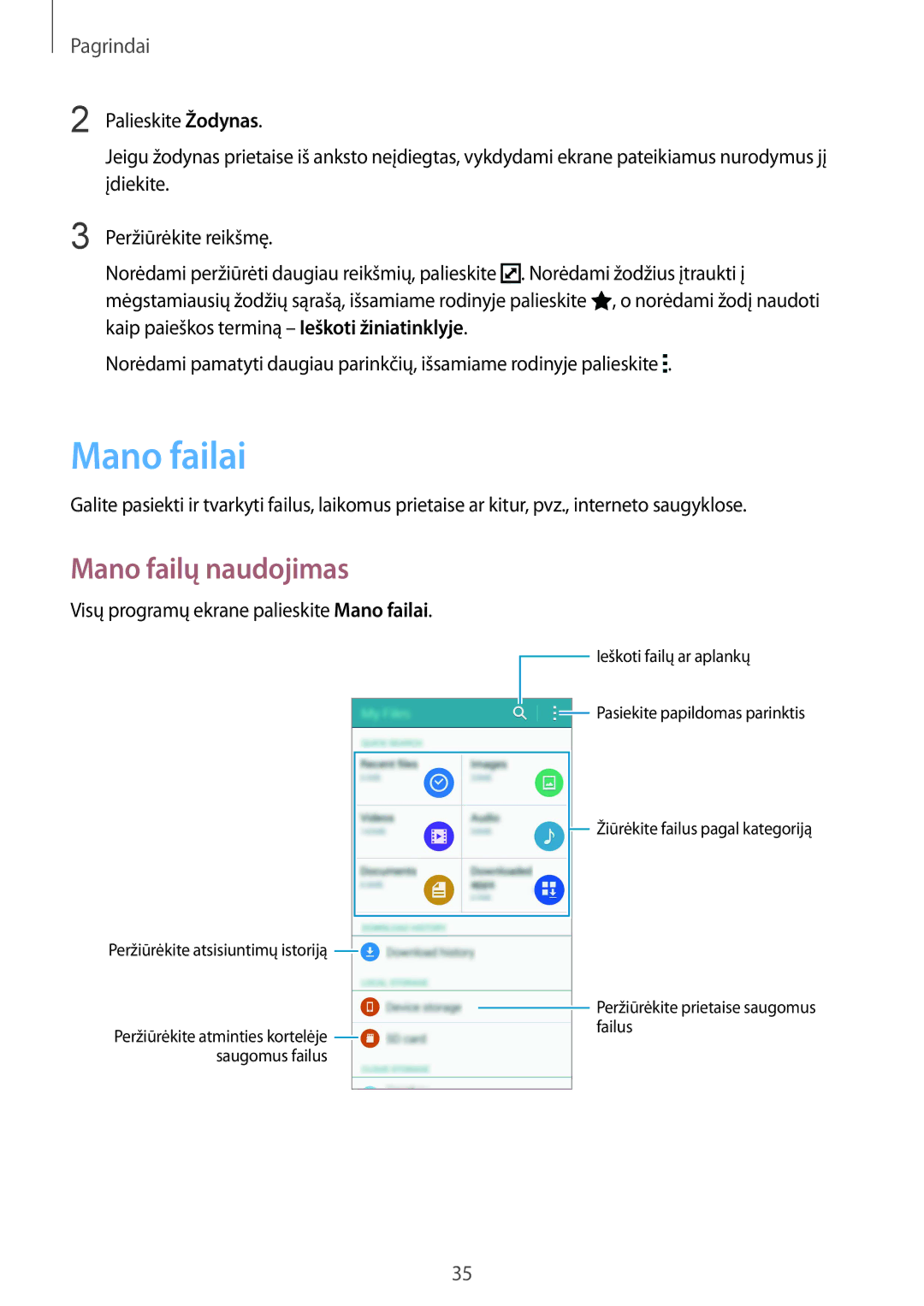 Samsung SM-N910FZWEBAL, SM-N910FZIEBAL manual Mano failų naudojimas, Visų programų ekrane palieskite Mano failai 