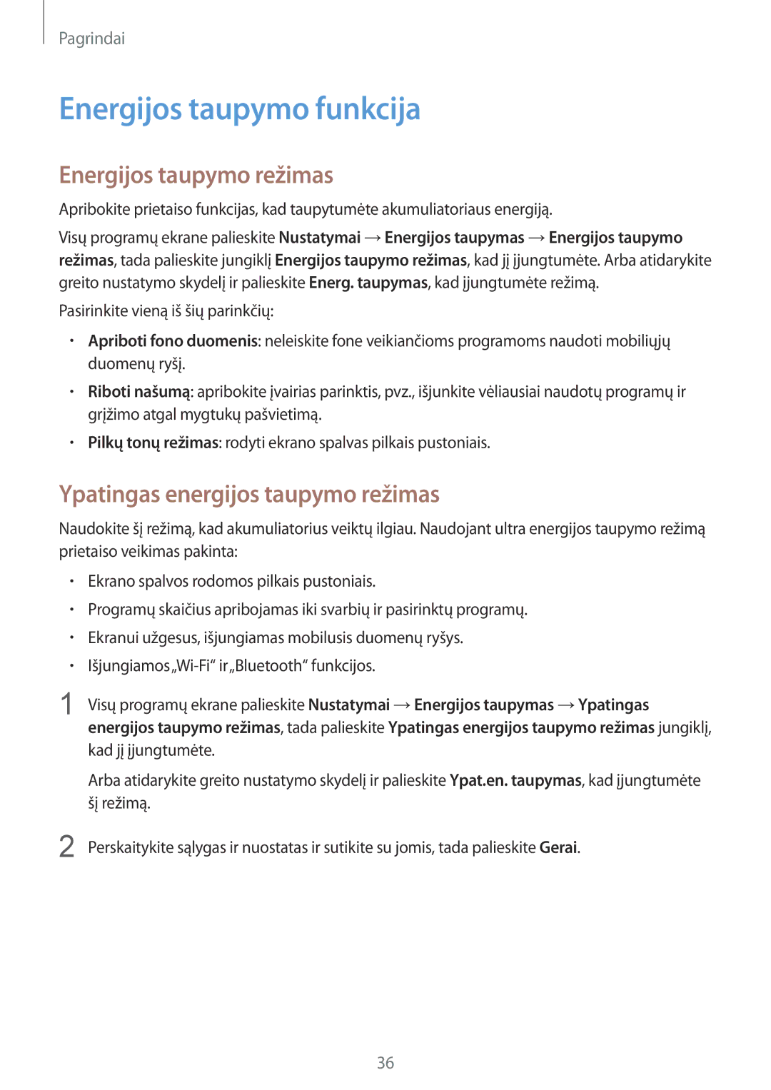 Samsung SM-N910FZIEBAL manual Energijos taupymo funkcija, Energijos taupymo režimas, Ypatingas energijos taupymo režimas 