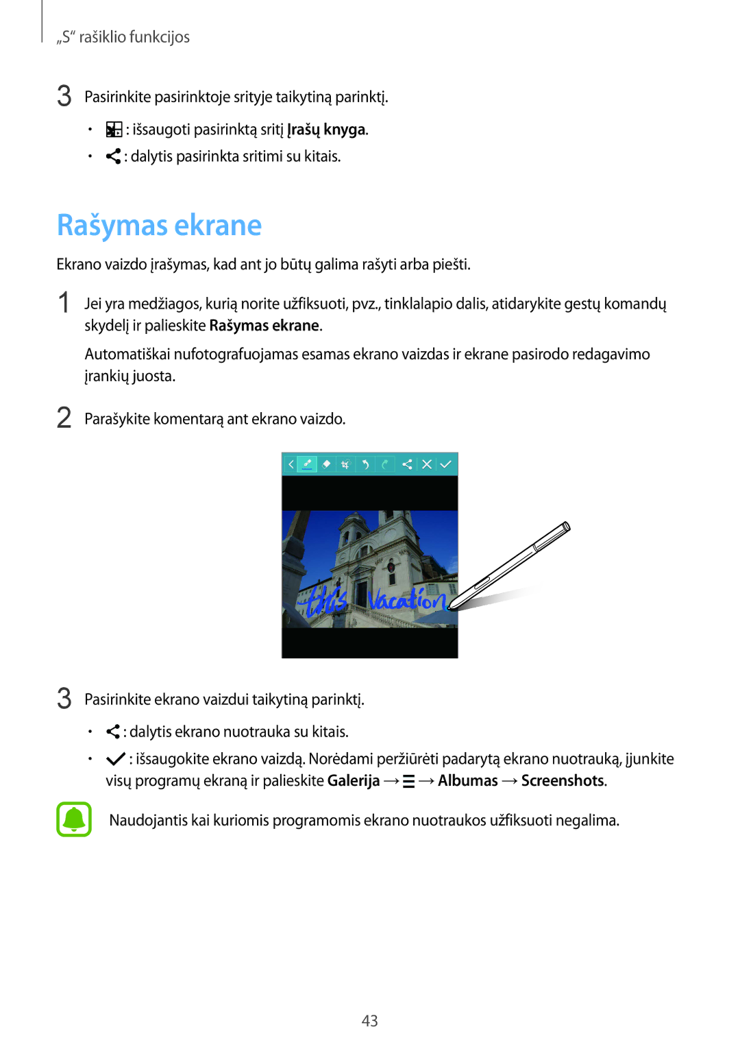 Samsung SM-N910FZIEBAL Skydelį ir palieskite Rašymas ekrane, Įrankių juosta, Parašykite komentarą ant ekrano vaizdo 