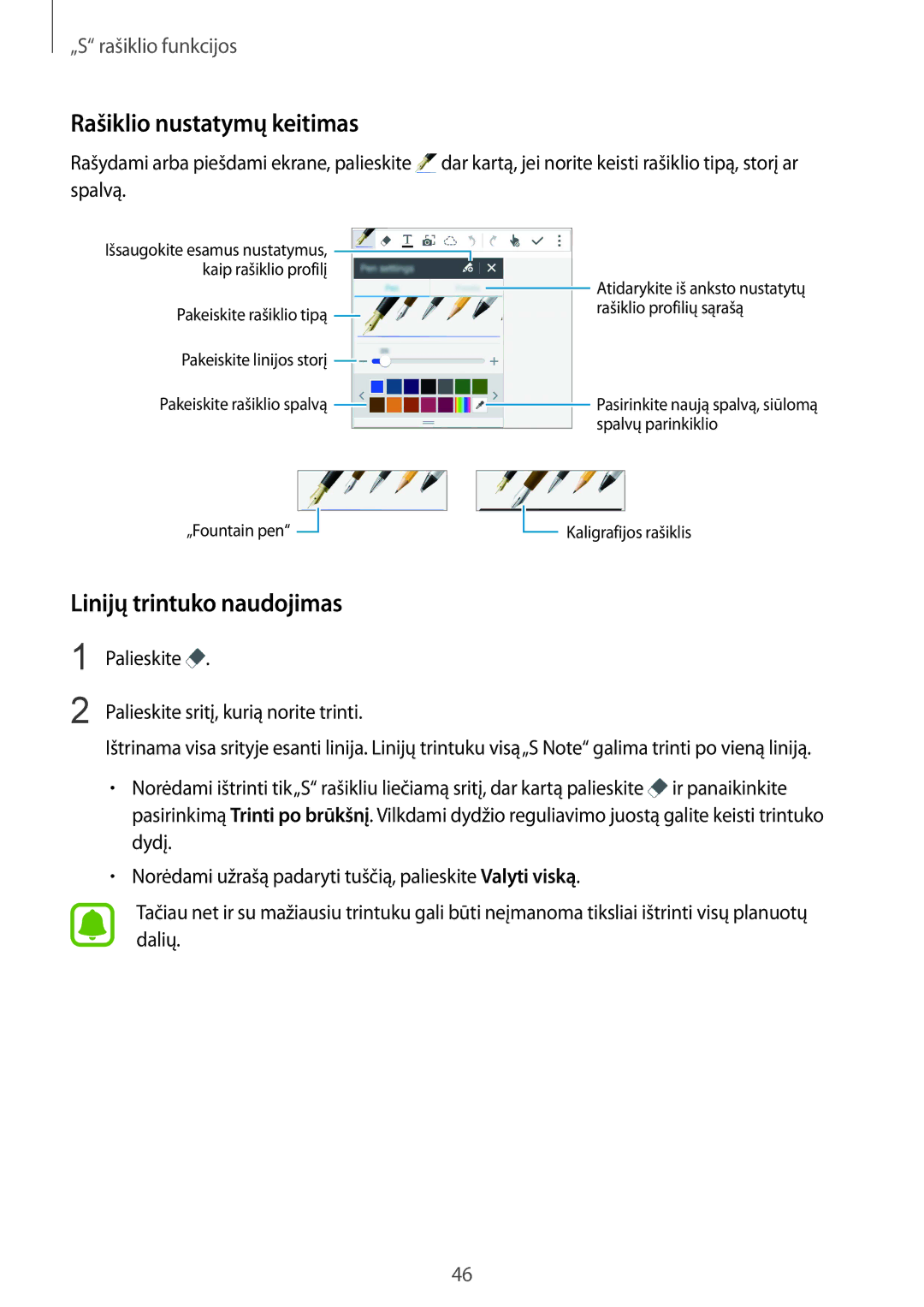 Samsung SM-N910CZKESEB, SM-N910FZWEBAL, SM-N910FZIEBAL manual Rašiklio nustatymų keitimas, Linijų trintuko naudojimas, Spalvą 