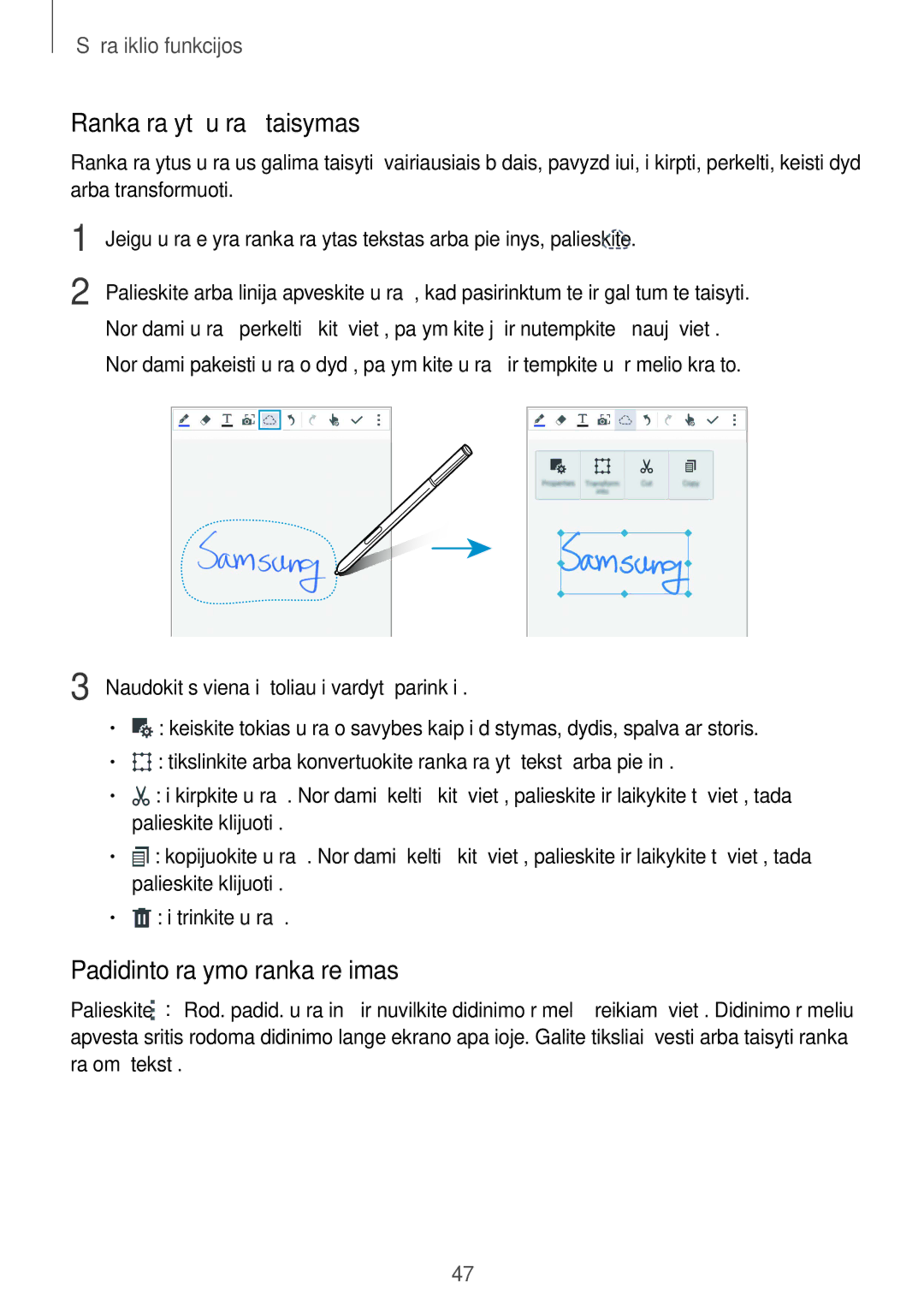 Samsung SM-N910CZDESEB, SM-N910FZWEBAL, SM-N910FZIEBAL manual Ranka rašytų užrašų taisymas, Padidinto rašymo ranka režimas 