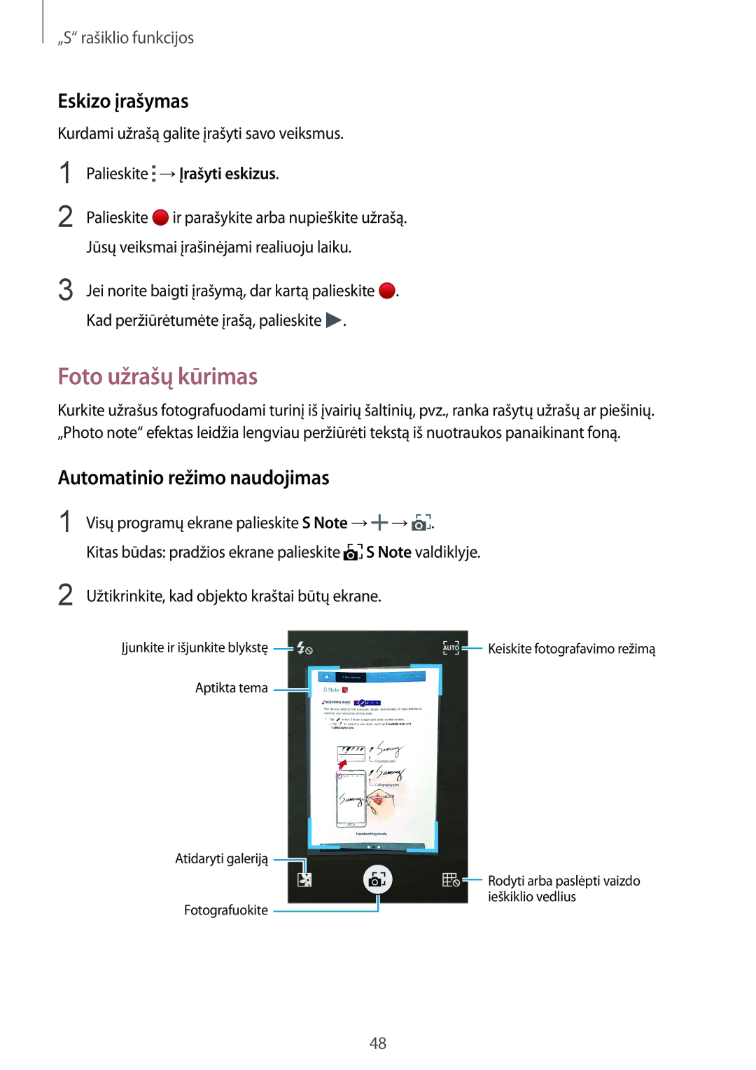 Samsung SM-N910CZWESEB manual Foto užrašų kūrimas, Eskizo įrašymas, Automatinio režimo naudojimas, →Įrašyti eskizus 