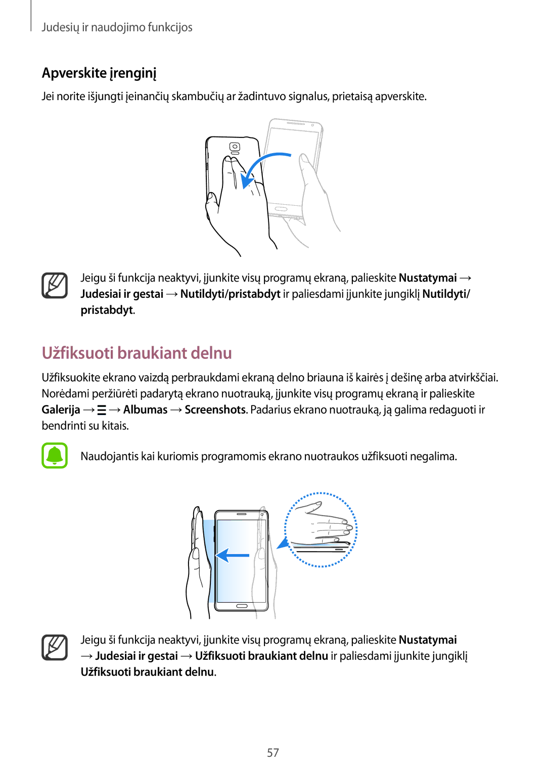 Samsung SM-N910FZIEBAL, SM-N910FZWEBAL, SM-N910FZDEBAL, SM-N910FZKEBAL manual Užfiksuoti braukiant delnu, Apverskite įrenginį 