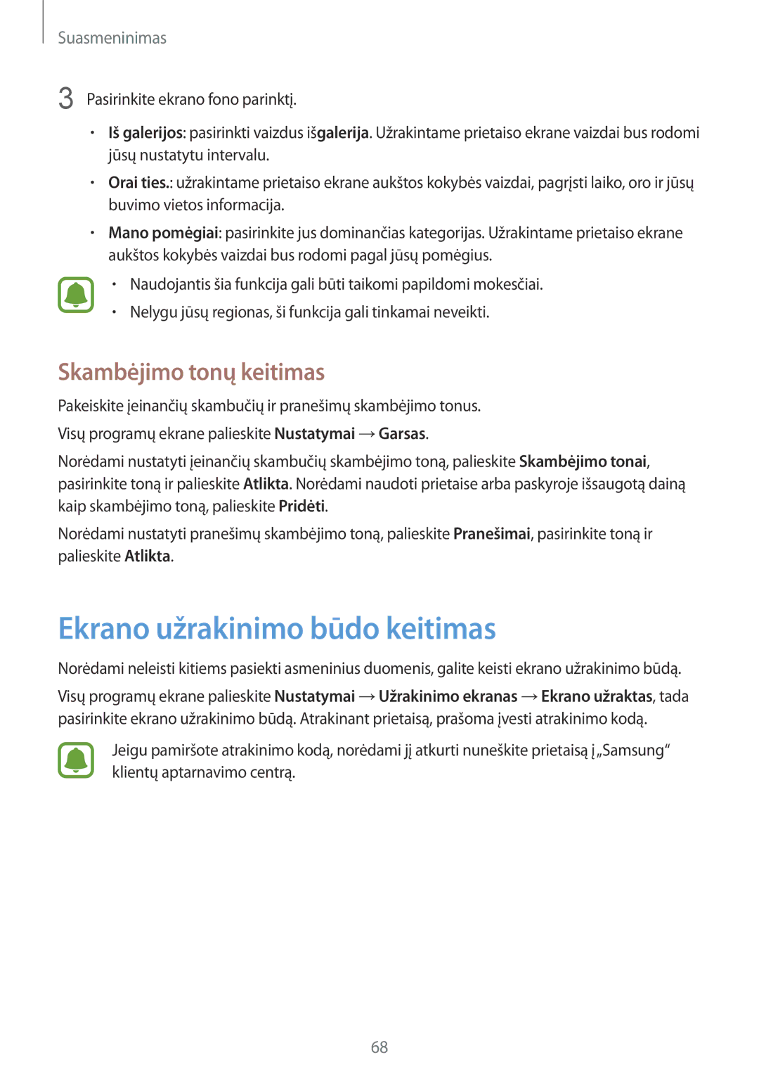 Samsung SM-N910CZDESEB, SM-N910FZWEBAL, SM-N910FZIEBAL manual Ekrano užrakinimo būdo keitimas, Skambėjimo tonų keitimas 