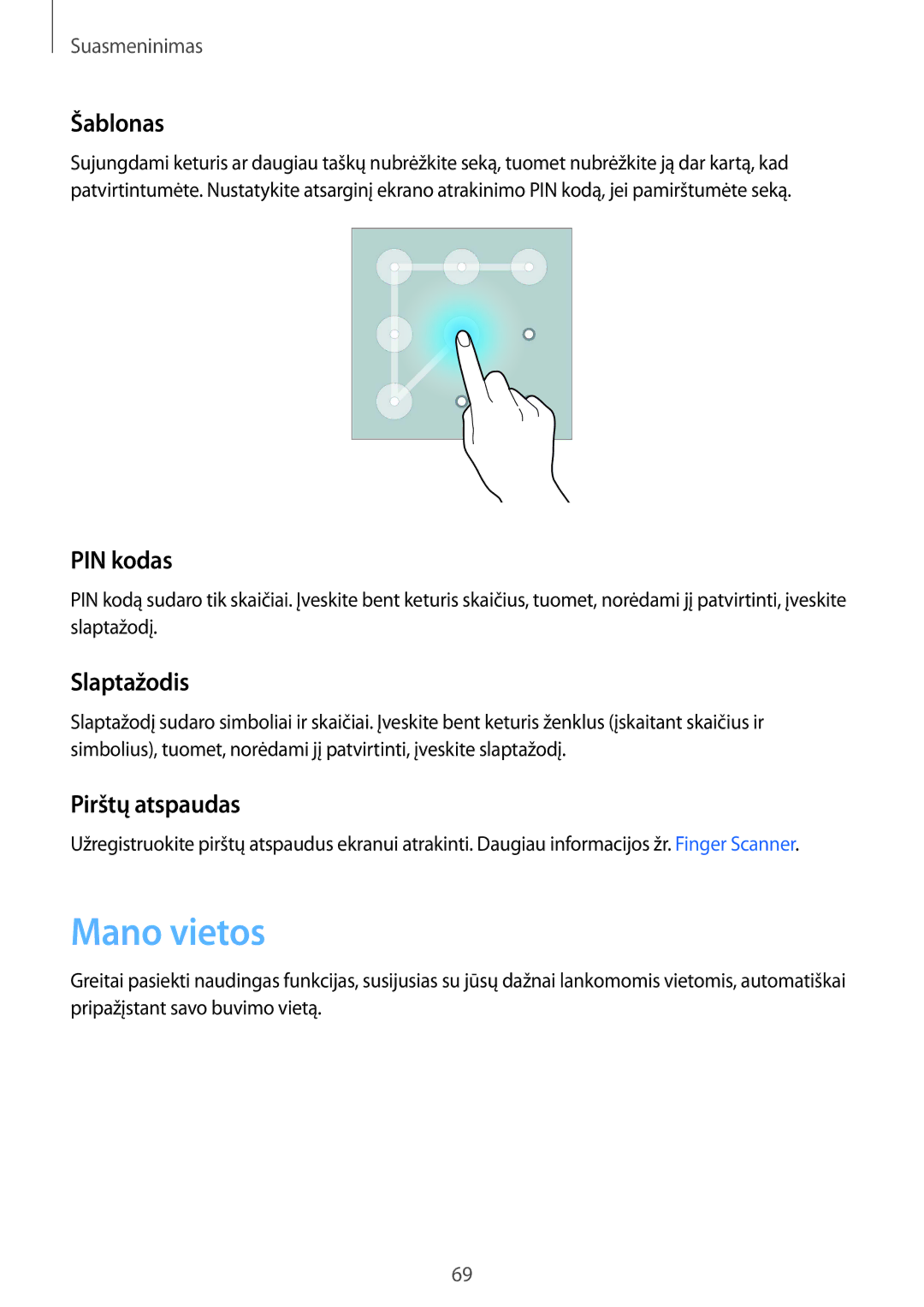 Samsung SM-N910CZWESEB, SM-N910FZWEBAL, SM-N910FZIEBAL manual Mano vietos, Šablonas, PIN kodas, Slaptažodis, Pirštų atspaudas 