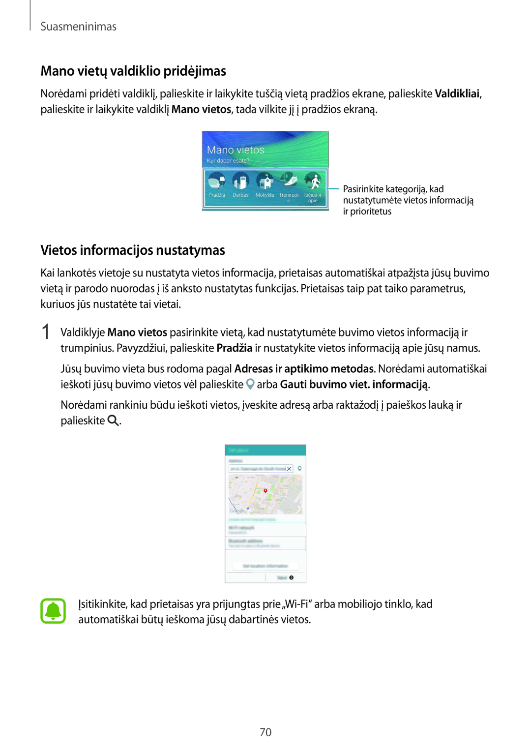 Samsung SM-N910FZWEBAL, SM-N910FZIEBAL, SM-N910FZDEBAL manual Mano vietų valdiklio pridėjimas, Vietos informacijos nustatymas 