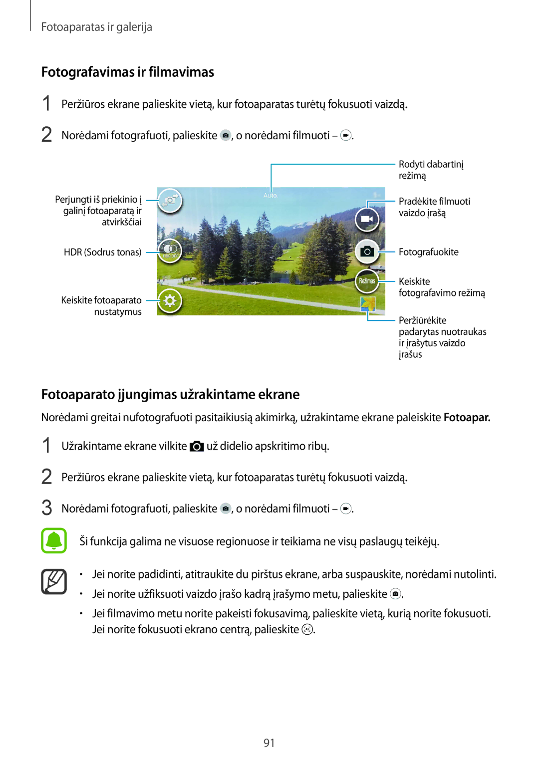 Samsung SM-N910FZWEBAL, SM-N910FZIEBAL manual Fotografavimas ir filmavimas, Fotoaparato įjungimas užrakintame ekrane 