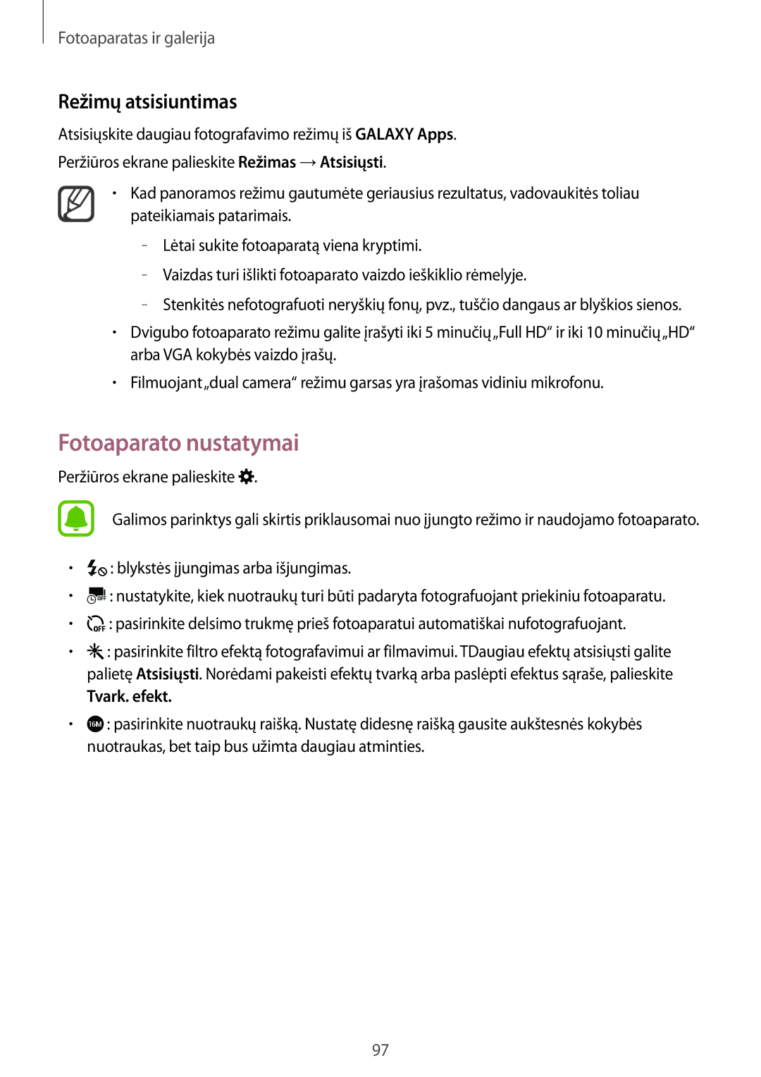 Samsung SM-N910CZWESEB, SM-N910FZWEBAL, SM-N910FZIEBAL manual Fotoaparato nustatymai, Režimų atsisiuntimas, Tvark. efekt 