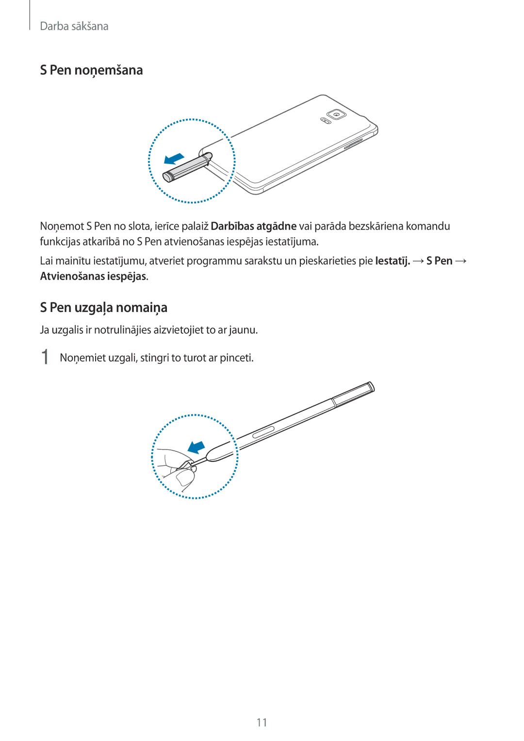 Samsung SM-N910CZKESEB, SM-N910FZWEBAL, SM-N910FZIEBAL, SM-N910FZDEBAL, SM-N910FZKEBAL manual Pen noņemšana, Pen uzgaļa nomaiņa 