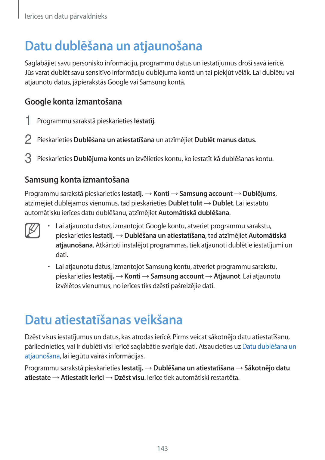 Samsung SM-N910FZKEBAL manual Datu dublēšana un atjaunošana, Datu atiestatīšanas veikšana, Google konta izmantošana 