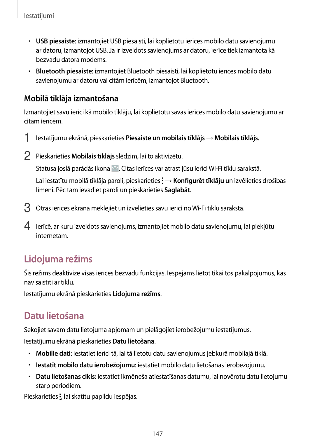 Samsung SM-N910FZWEBAL, SM-N910FZIEBAL, SM-N910FZDEBAL manual Lidojuma režīms, Datu lietošana, Mobilā tīklāja izmantošana 