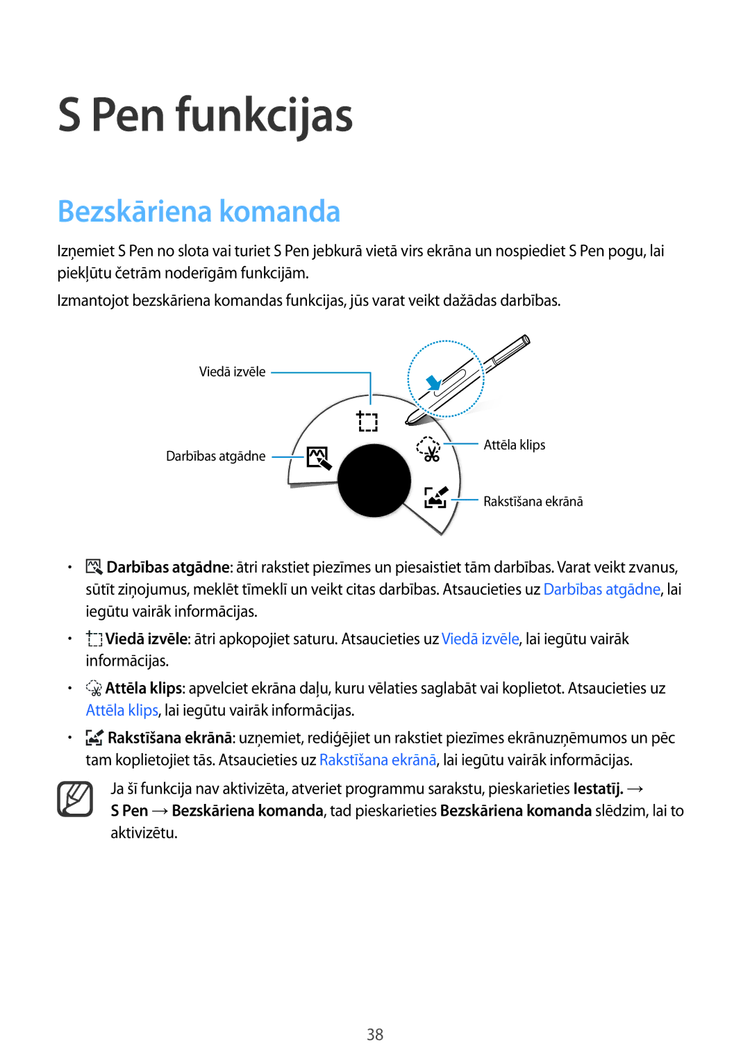 Samsung SM-N910FZKEBAL, SM-N910FZWEBAL, SM-N910FZIEBAL, SM-N910FZDEBAL, SM-N910CZKESEB Pen funkcijas, Bezskāriena komanda 