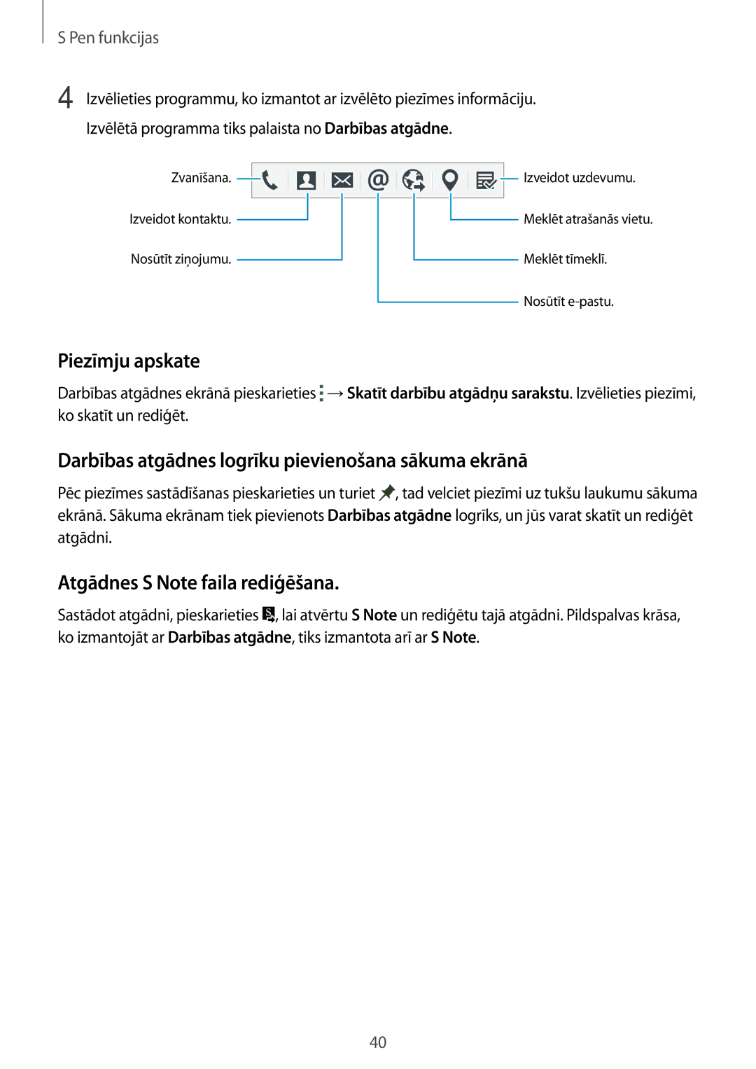 Samsung SM-N910CZDESEB, SM-N910FZWEBAL manual Piezīmju apskate, Darbības atgādnes logrīku pievienošana sākuma ekrānā 