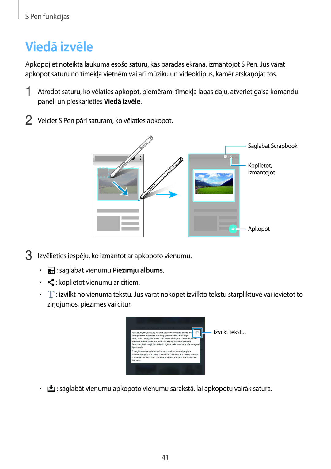 Samsung SM-N910CZWESEB manual Paneli un pieskarieties Viedā izvēle, Velciet S Pen pāri saturam, ko vēlaties apkopot 