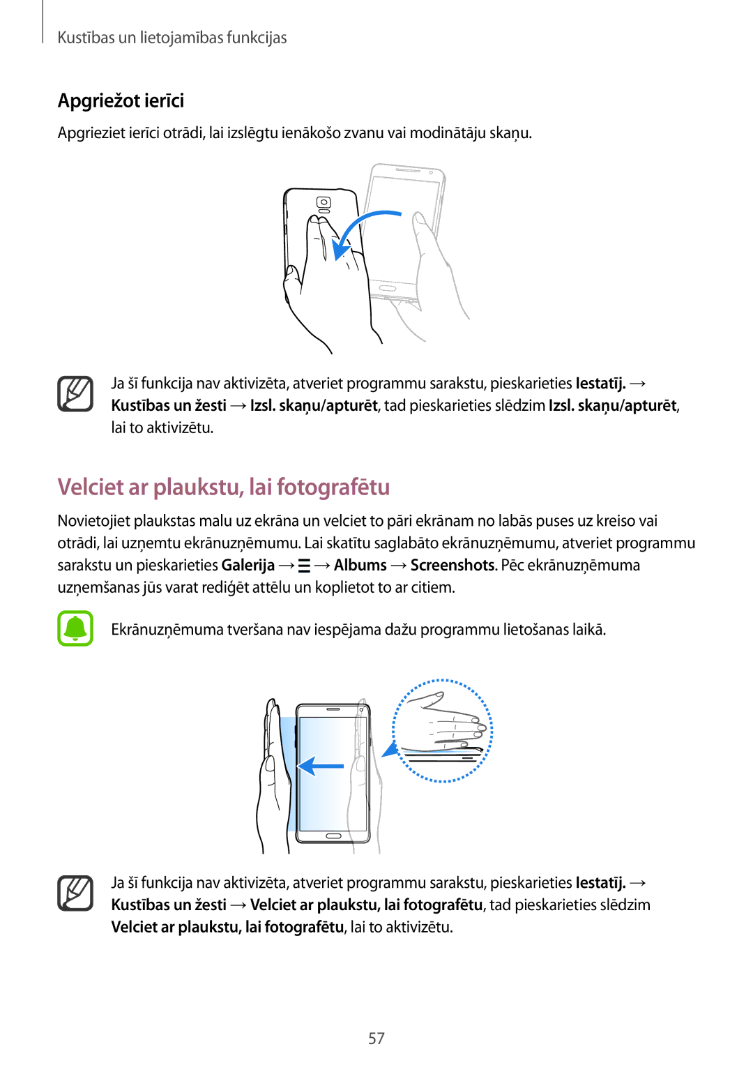 Samsung SM-N910FZIEBAL, SM-N910FZWEBAL, SM-N910FZDEBAL manual Velciet ar plaukstu, lai fotografētu, Apgriežot ierīci 